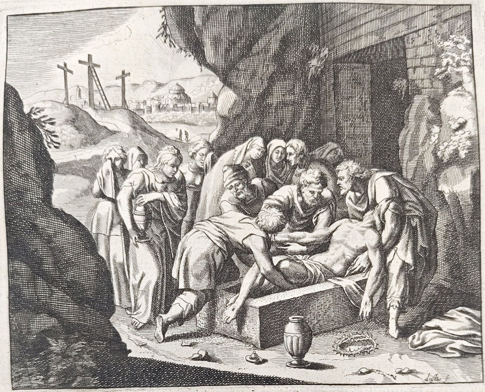 Nicolas Fontaine – The Entombment of Jesus Christ – Engraving (1670): "Sepulchre of Jesus Christ" illustrates the biblical scene of the Entombment depicting mourners and disciples lowering Christ's body into a stone tomb with Calvary visible in the distant landscape. Th