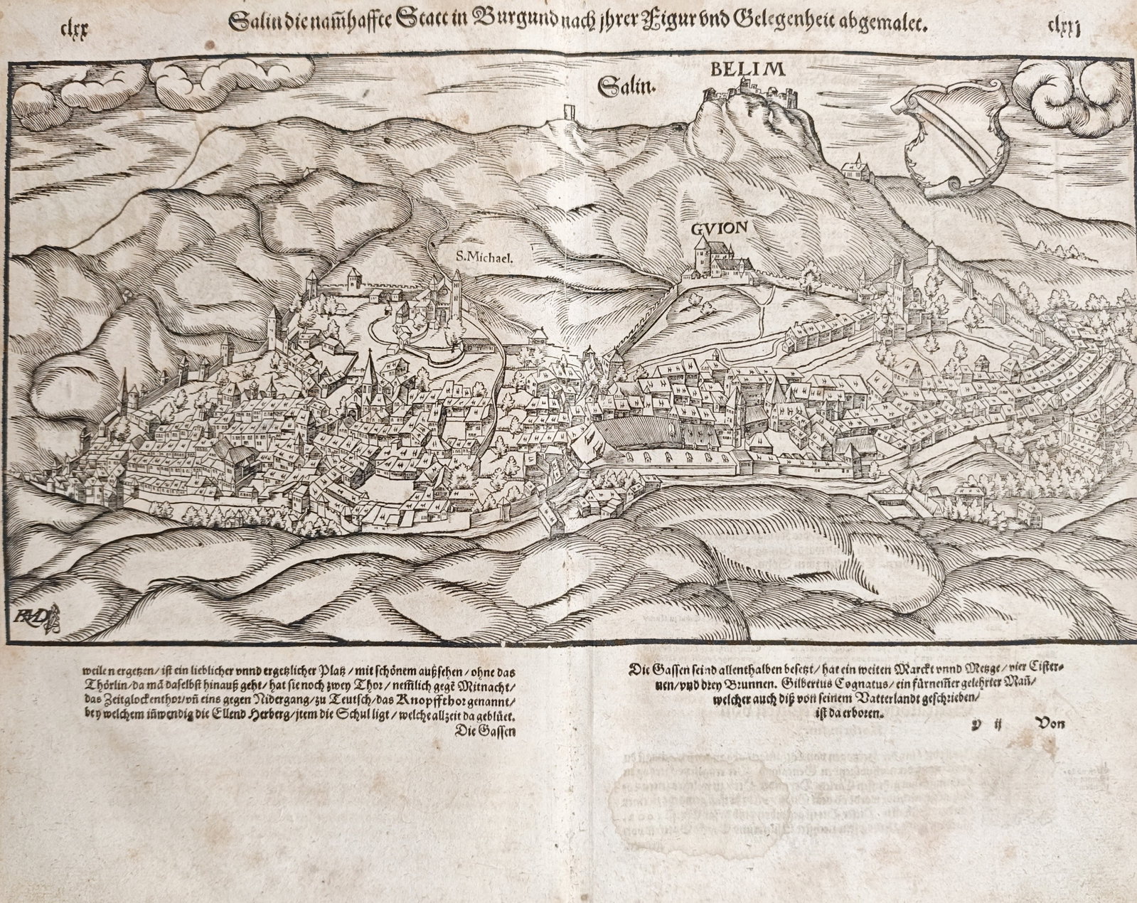 Sebastian Münster – View of Salins – Woodcut (1550): "Salin, Renowned City in Burgundy" presents an early panoramic bird's-eye view of the fortified town nestled in a valley beneath the hilltop fortresses of Belin and Bracon with winding roads and hills