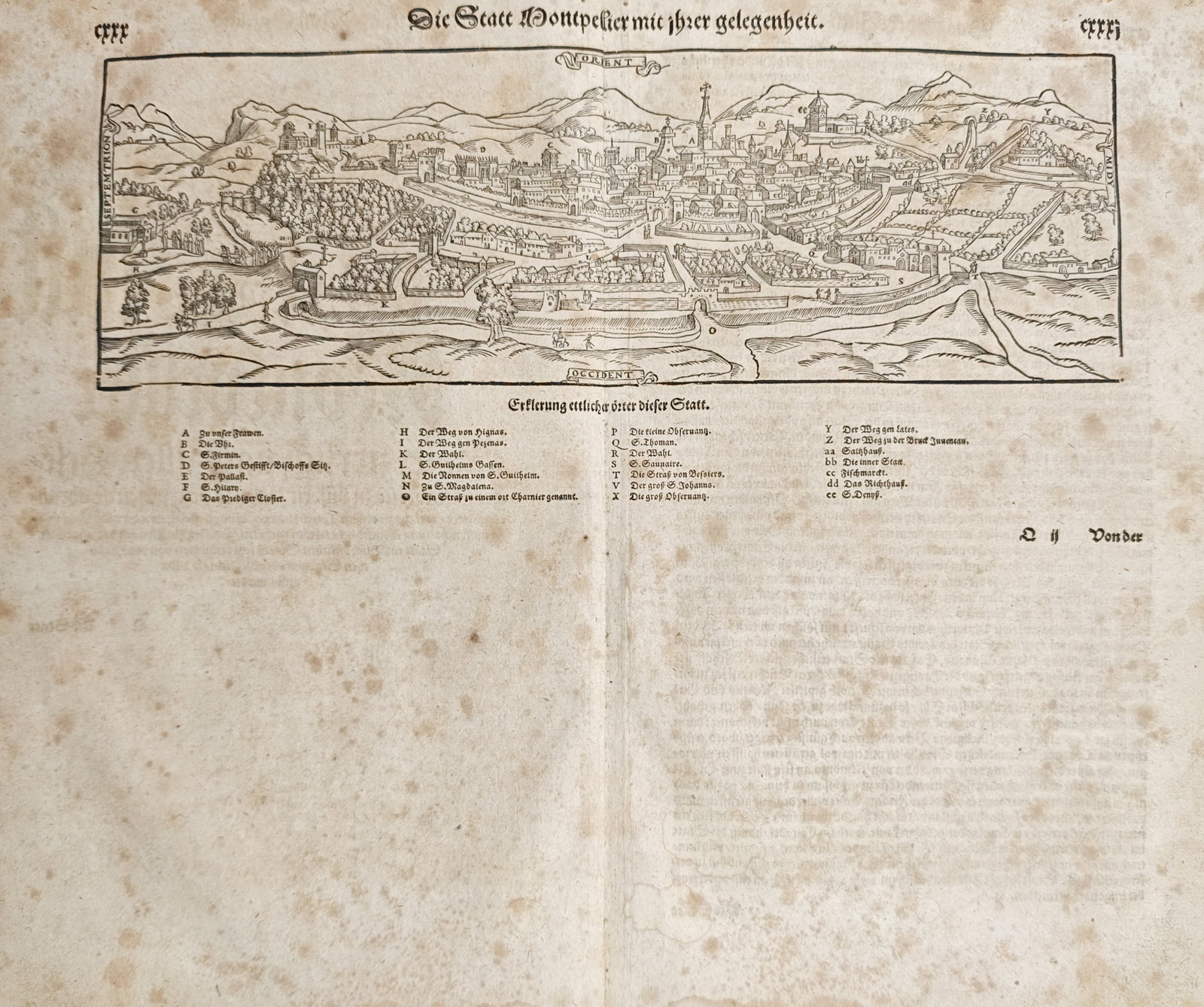 Sebastian Münster – View of Montpellier – Woodcut (1550): "The City of Montpellier with Its Situation" presents an early bird's-eye topographical view of the fortified southern French city showcasing its defensive walls, spires, and outlying landscape accomp