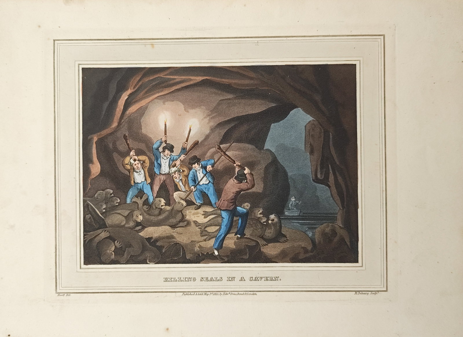 Samuel Howitt – Killing Seals in a Cavern – Aquatint (1807): "Killing Seals in a Cavern" depicts hunters bearing torches and clubs confronting a colony of seals within a shadowy sea cave opening toward the water. The hand-colored aquatint was designed by Samuel