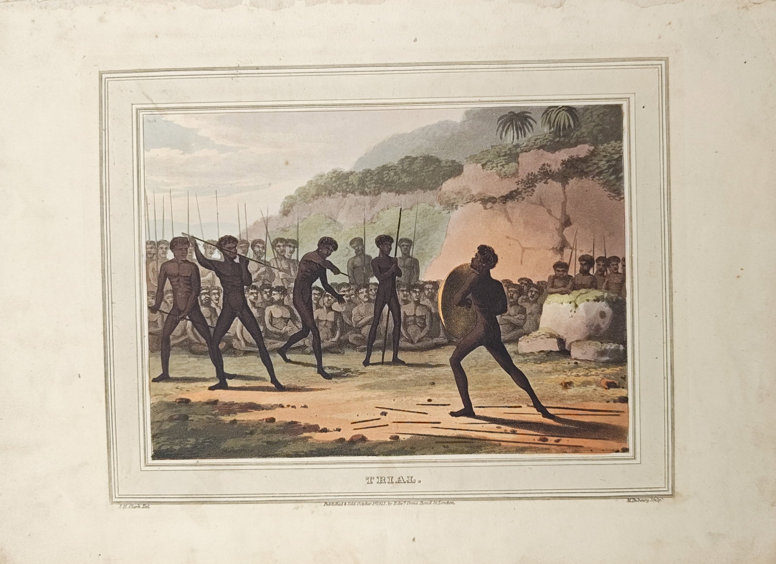 John Heaviside Clark – Trial – Aquatint (1813): "Trial" depicts an Indigenous Australian judicial combat ritual, showing an accused warrior defending himself with a shield against thrown spears before an assembled gathering. The hand-colored aquati