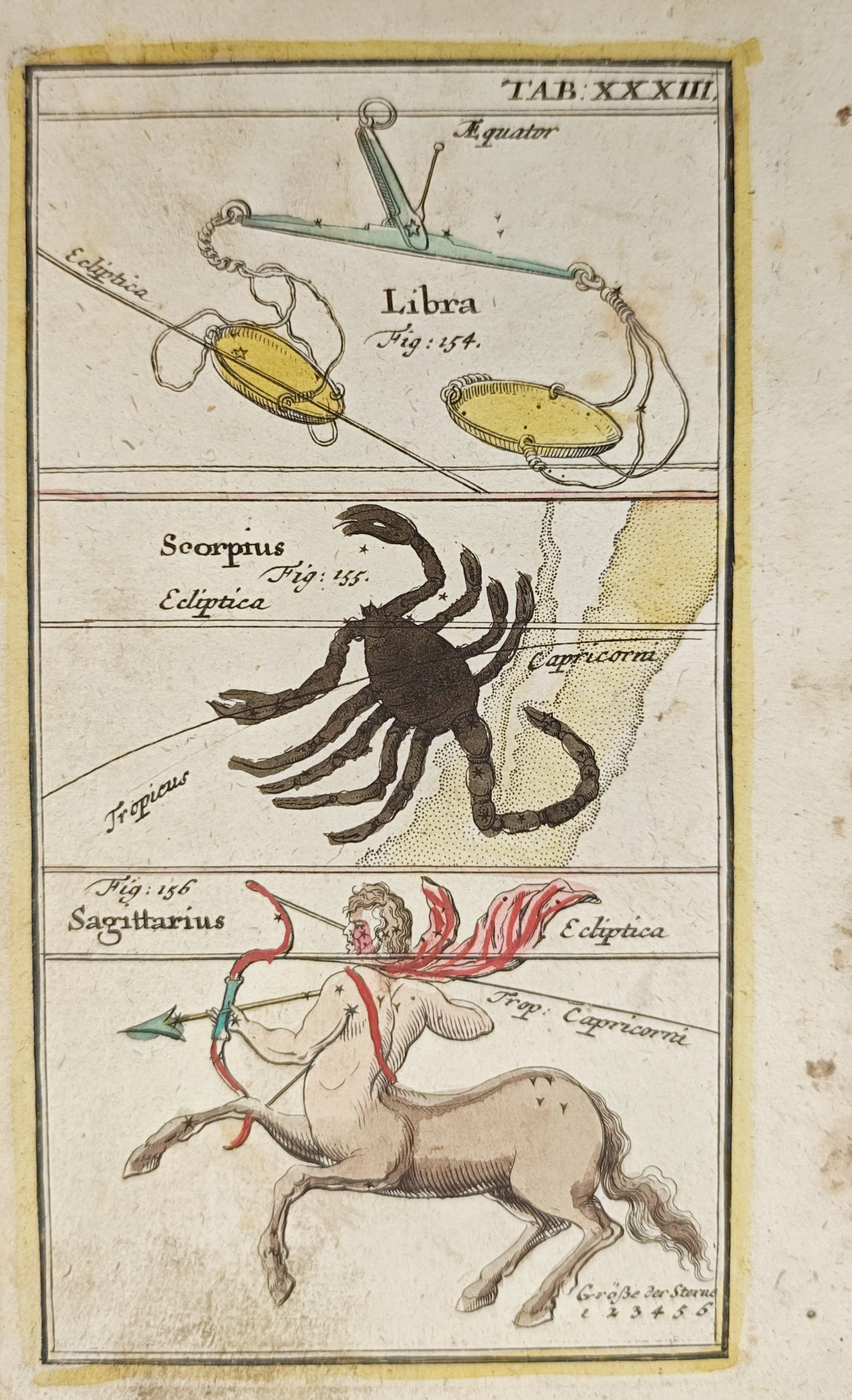 Johann Leonhard Rost – Libra, Scorpius, and Sagittarius Constellations – Engraving (18th: "Scales, Scorpion, and Archer" presents an astronomical chart illustrating the zodiac constellations with celestial reference lines and magnitude indicators. The hand-colored engraving was created dur
