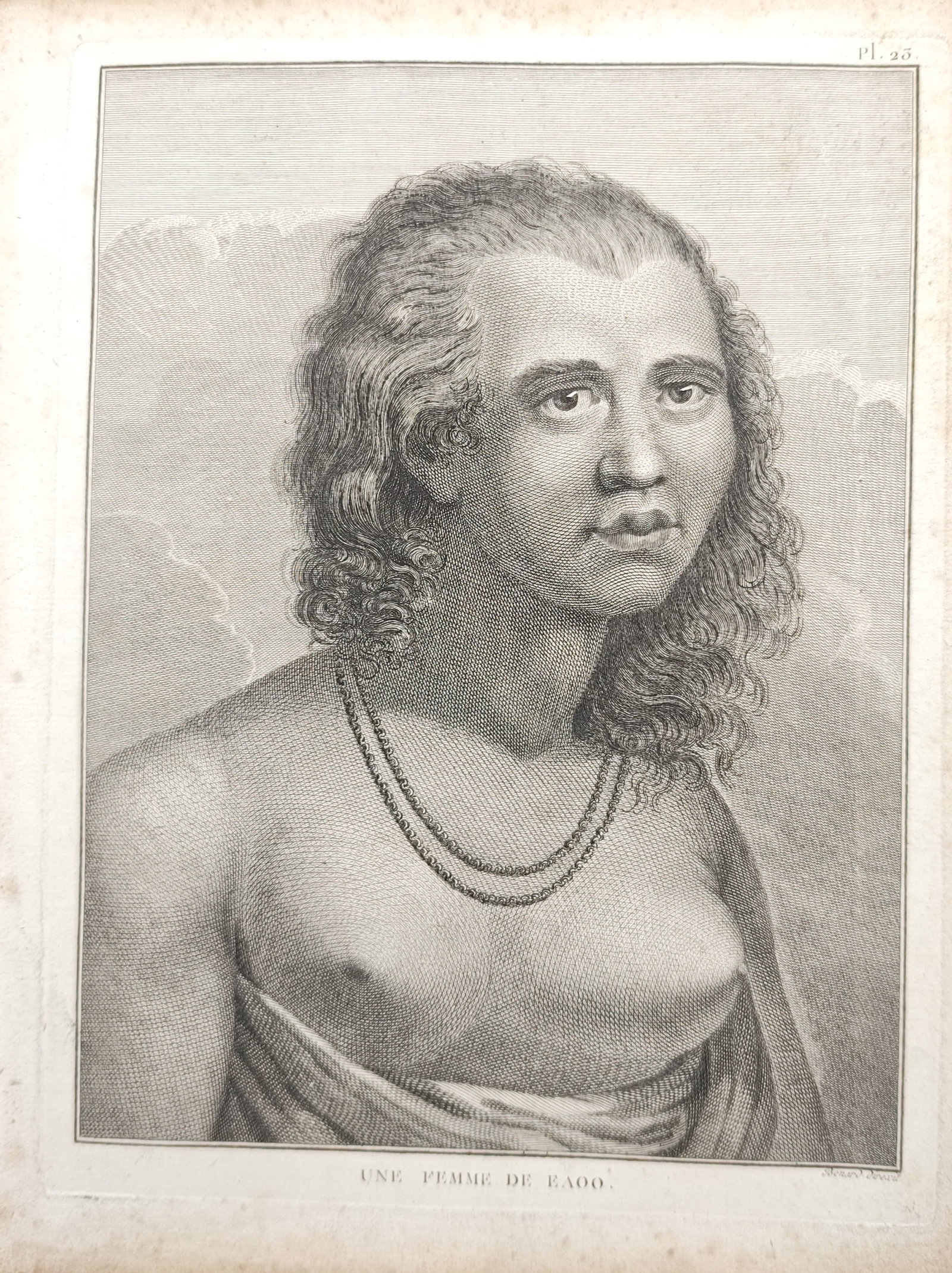John Webber – A Woman of Eaoo – Engraving (1785): "A Woman of Eaoo" presents an ethnographic portrait depicting a young Polynesian woman from the island of Eua adorned with bead necklaces and traditional draped cloth. The engraving was drawn by John 