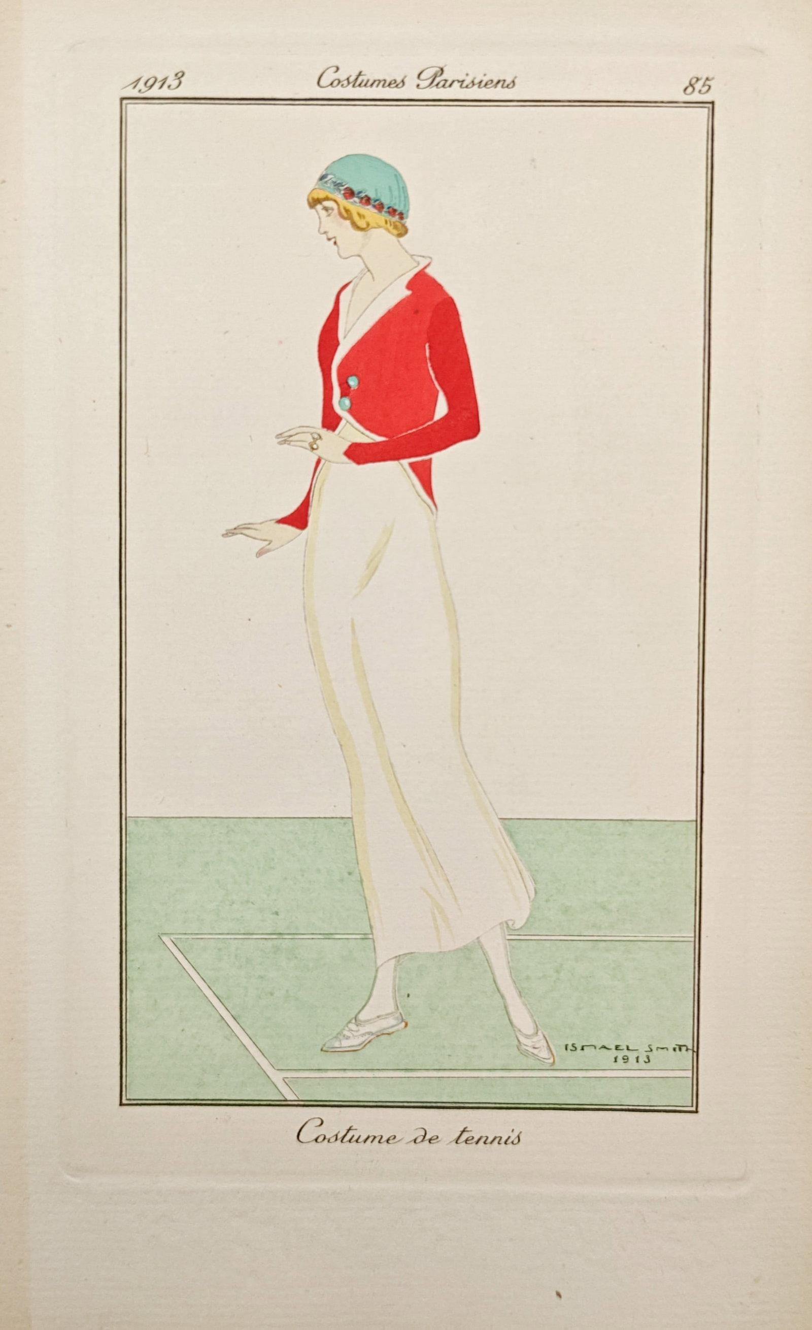 Ismael Smith – Tennis Costume – Pochoir (1913): "Tennis Costume" presents an early twentieth-century fashion illustration depicting an elegant woman standing on a grass court in a tailored jacket, long skirt, and stylish cap. The pochoir was publis