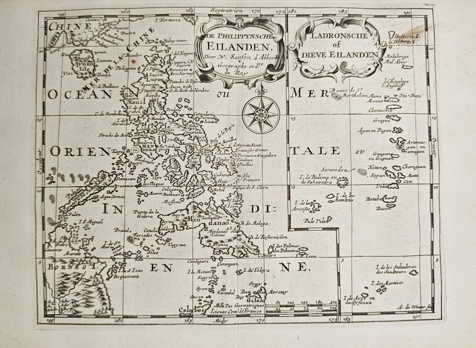 Nicolas Sanson – Map of The Philippine and Mariana Islands – Southeast Asia – Engraving (1683): "The Philippine Islands" presents a historical regional map illustrating the Philippine archipelago, the Mariana Islands, and adjacent coastlines of Southeast Asia with ornate cartouches, navigational