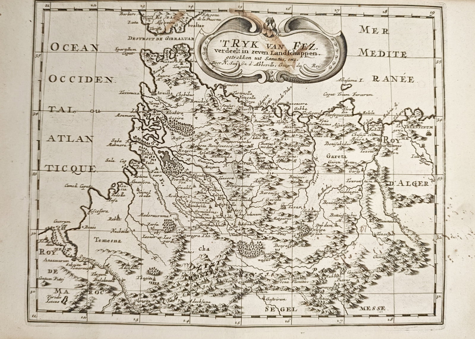 Nicolas Sanson – Map of The Kingdom of Fez – North Africa – Engraving (1683): "The Kingdom of Fez" presents a historical regional map illustrating the territory of Fez, the Strait of Gibraltar, the Mediterranean coastline, and adjacent North African terrain with an ornate title