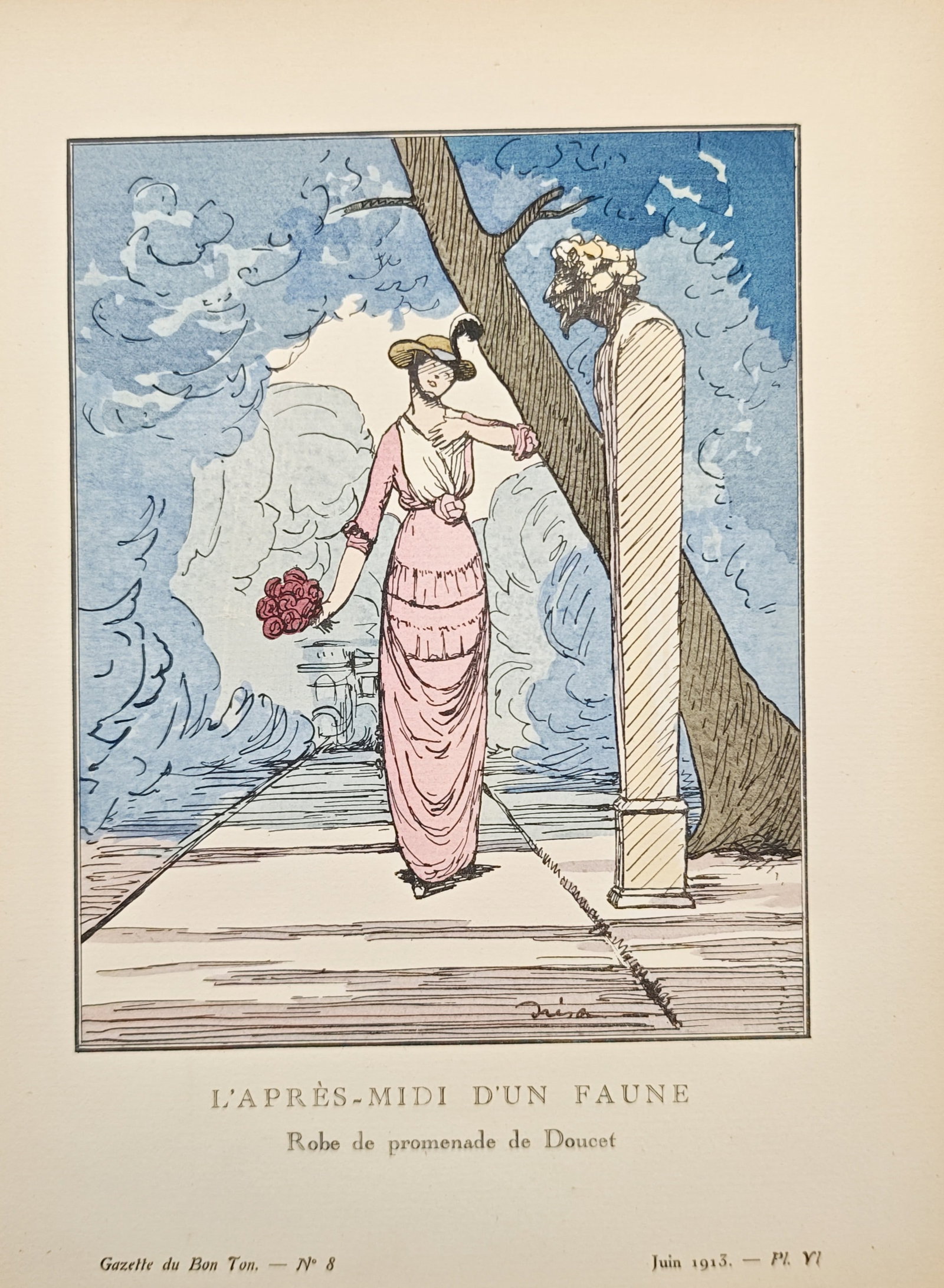 Jacques Drésa – Afternoon of a Faun – Pochoir (1913): "Afternoon of a Faun" presents an early twentieth-century fashion plate depicting an elegant lady in a pink promenade dress by Doucet holding a bouquet of roses while walking past a sculpted garden he