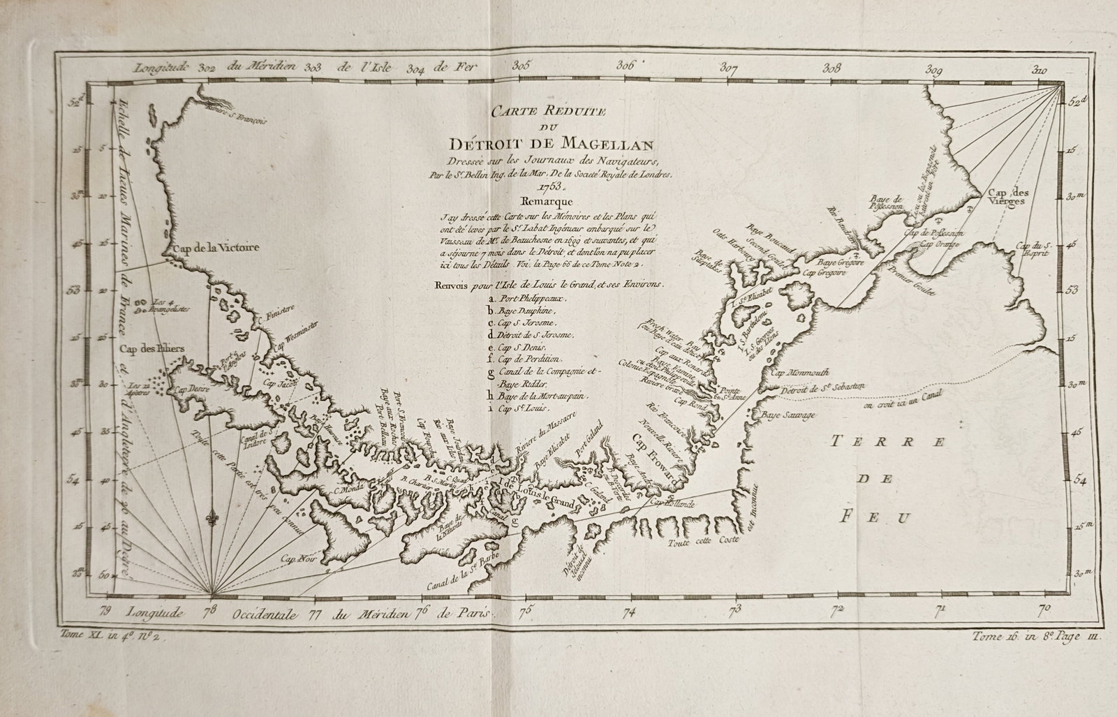 Jacques-Nicolas Bellin – Map of Strait of Magellan – South America – Engraving (1753): "Reduced Map of the Strait of Magellan" presents a nautical hydrographic chart mapping the coastal contours, navigational passages, soundings, and surrounding islands of the Magellan Strait and Tierra