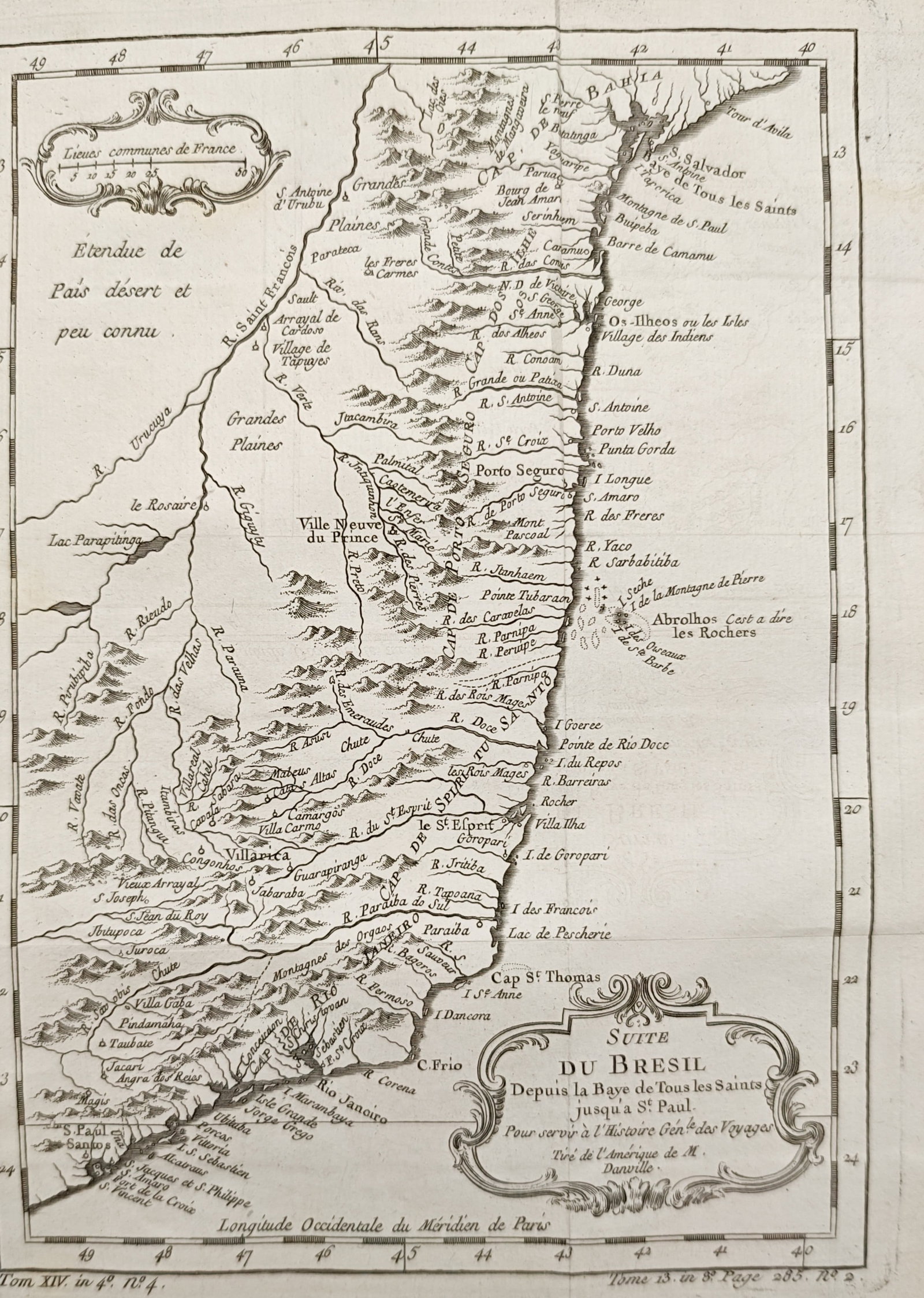 Jean-Baptiste Bourguignon d'Anville – Map of the Coast of Brazil – South America – Engraving: "Continuation of Brazil from All Saints Bay to Saint Paul" presents a historical regional map illustrating the Atlantic coastline, mountain ranges, river networks, and colonial settlements across sout