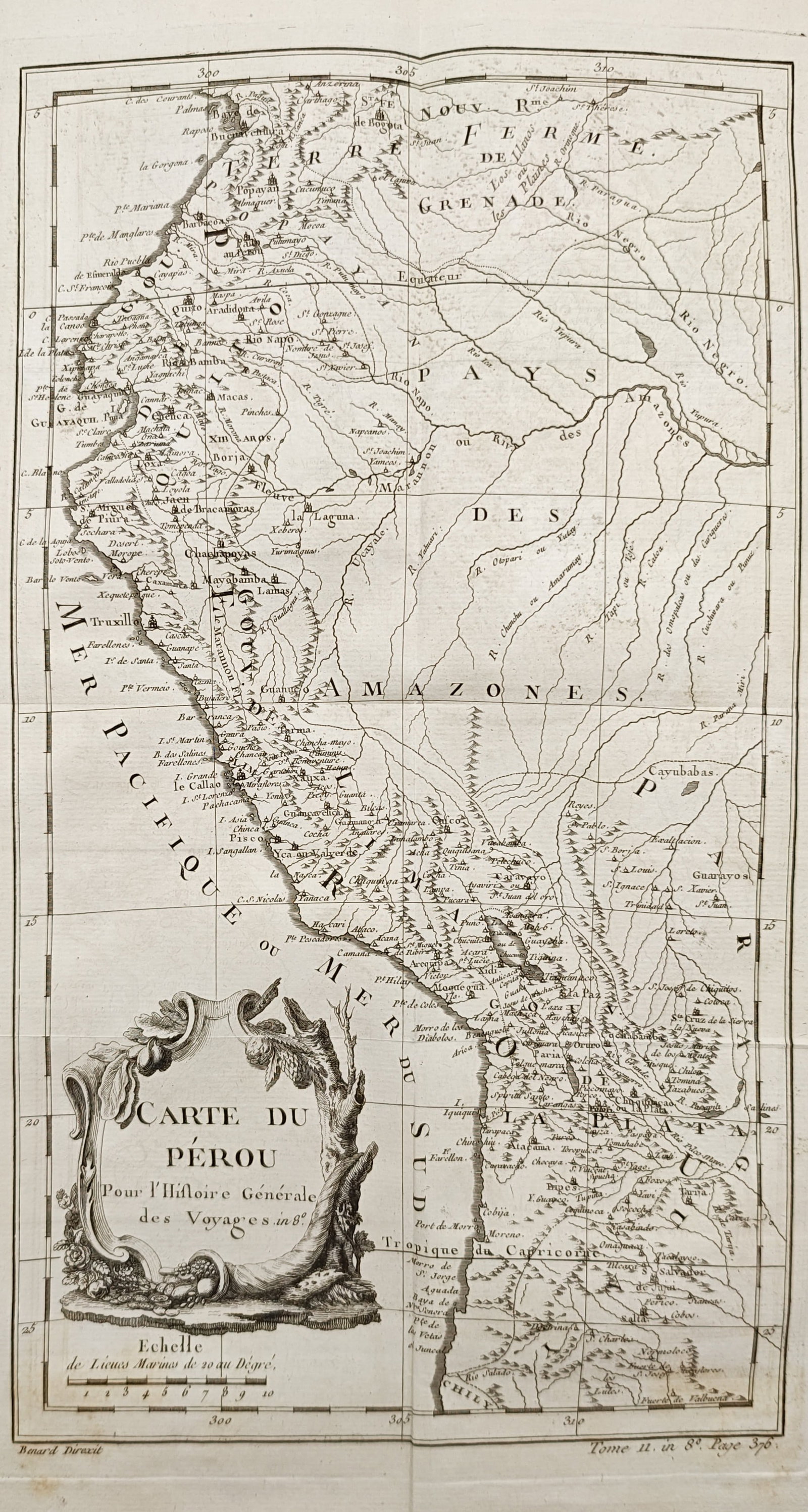 Jacques-Nicolas Bellin – Map of Peru – South America – Engraving (18th Century): "Map of Peru" presents a historical regional map illustrating the Pacific coastline, Andean mountain ranges, Amazon basin river systems, and colonial provinces of western South America within an ornat
