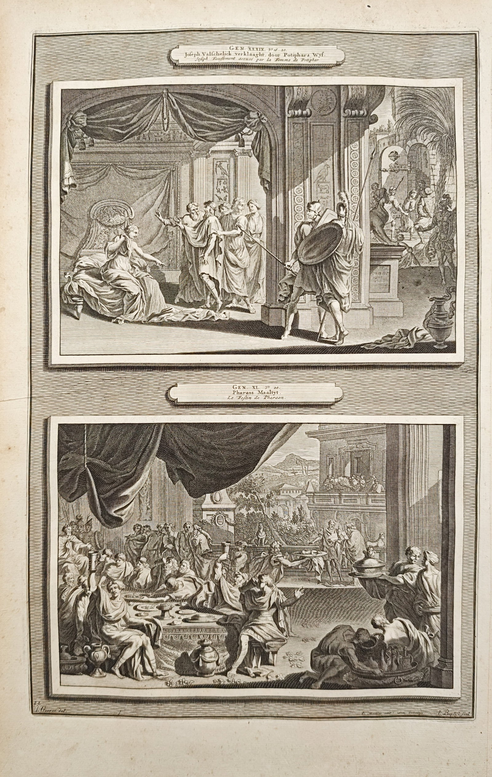 Pieter Mortier – Joseph Accused by Potiphar's Wife and Pharaoh's Feast – Engraving (1700) (1 of 2)