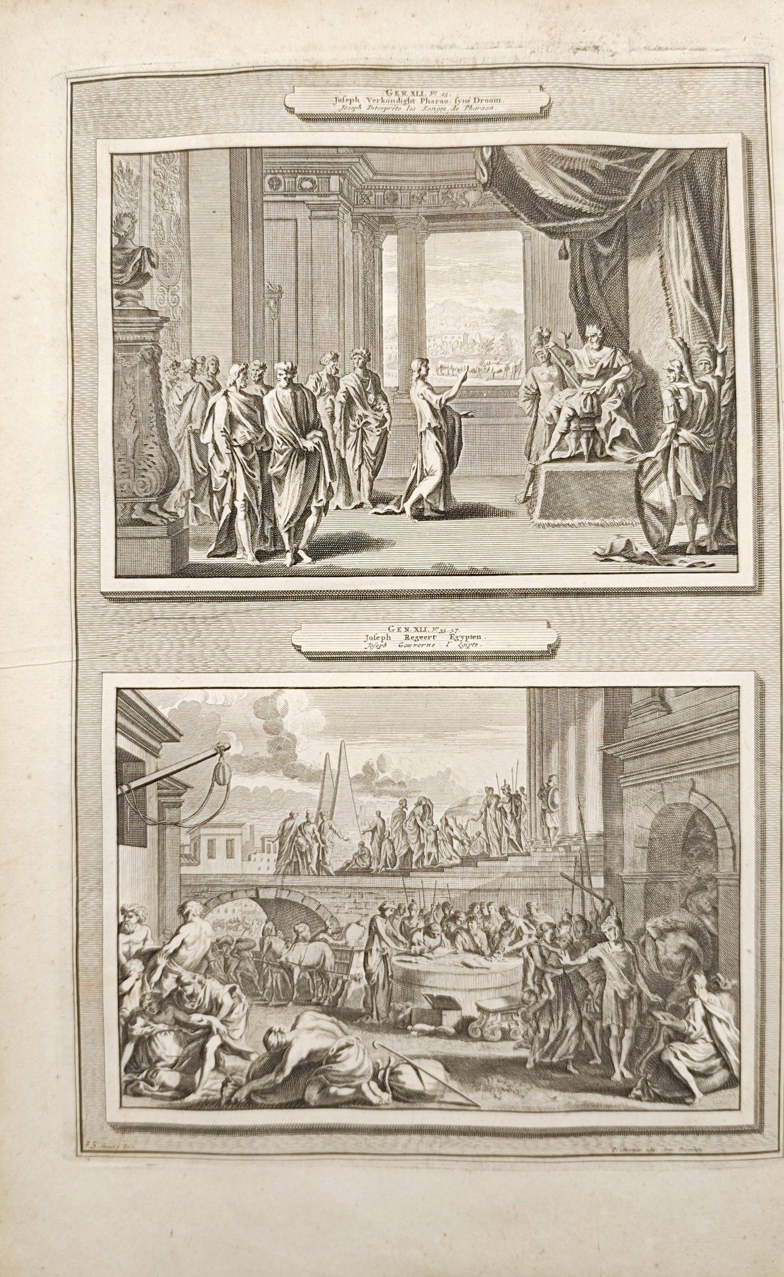 Pieter Mortier – Joseph Interpreting Pharaoh's Dream and Joseph Ruling Egypt – Engraving (1700) (1 of 2)