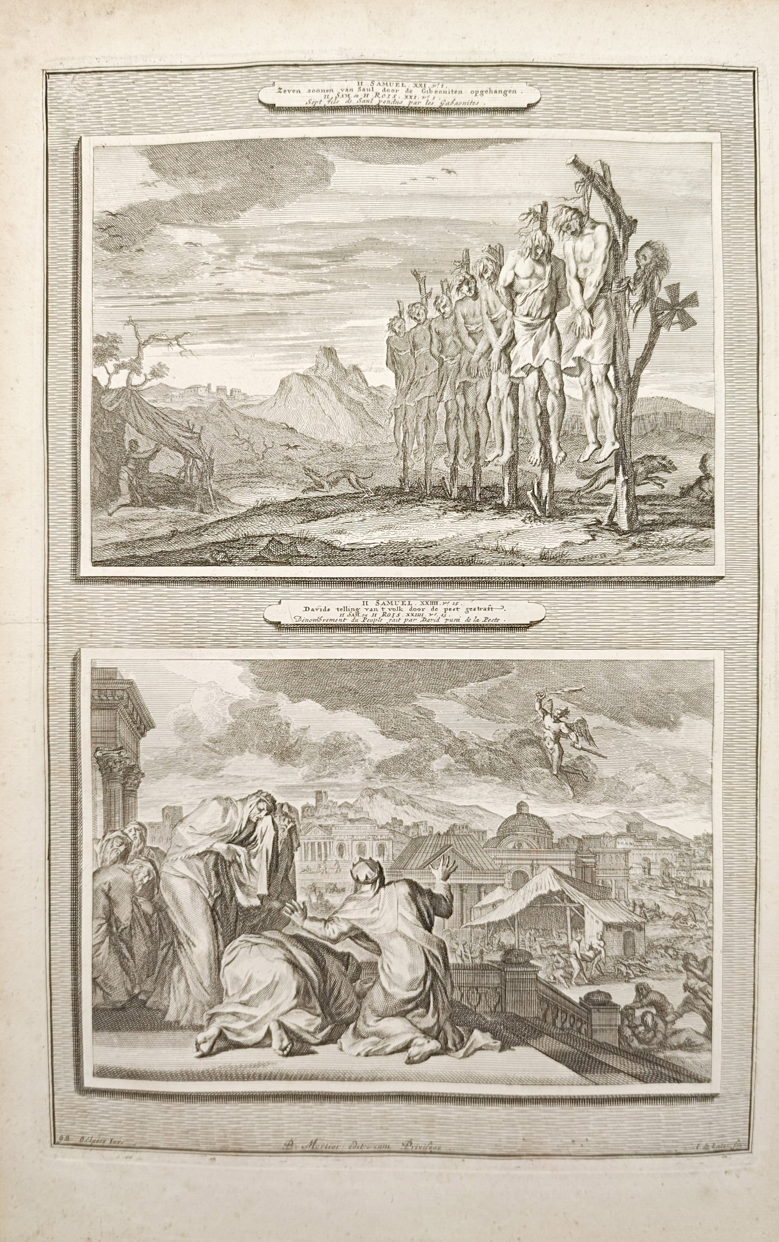 Pieter Mortier – Sons of Saul Hanged and The Plague of David – Engraving (1700): "Seven Sons of Saul Hanged by the Gibeonites and David's Census Punished by Pestilence" presents biblical narrative scenes illustrating the execution of Saul's descendants upon a hill alongside King D