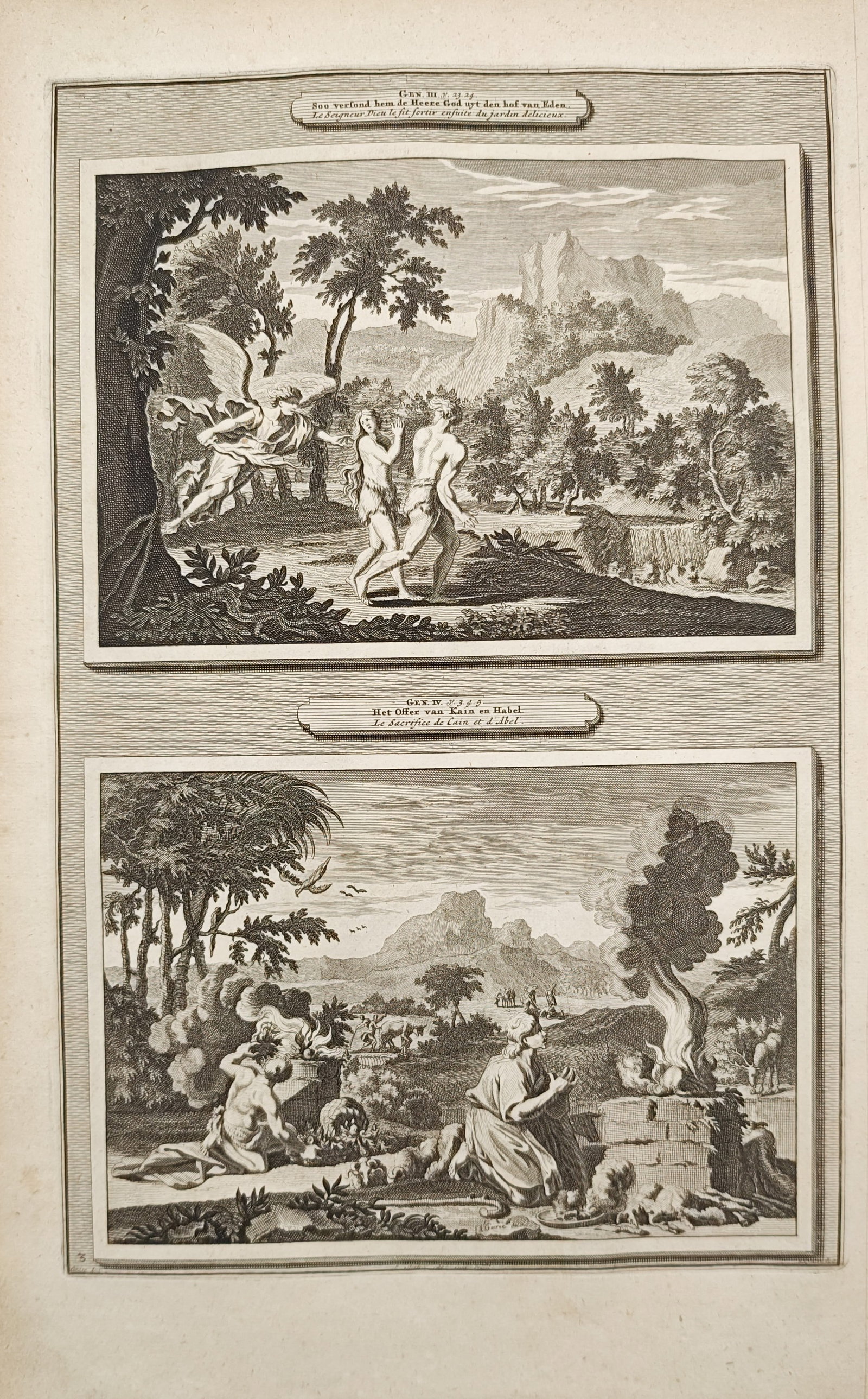 Pieter Mortier – Expulsion from Eden and The Sacrifice of Cain and Abel – Engraving (1700) (1 of 2)