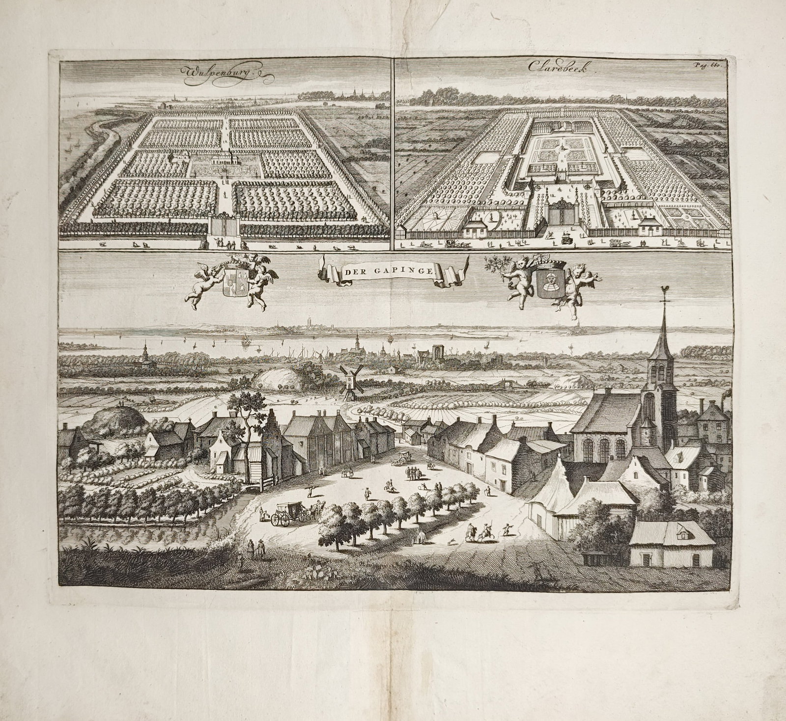 Mattheus Smallegange – Views of Gapinge, Walpenburg, and Clarebeek – Engraving (1696): "Der Gapinge, Walpenburg, and Clarebeek" presents historical topographical views illustrating the village of Gapinge alongside bird's-eye perspectives of the geometric formal estate gardens of Walpenb