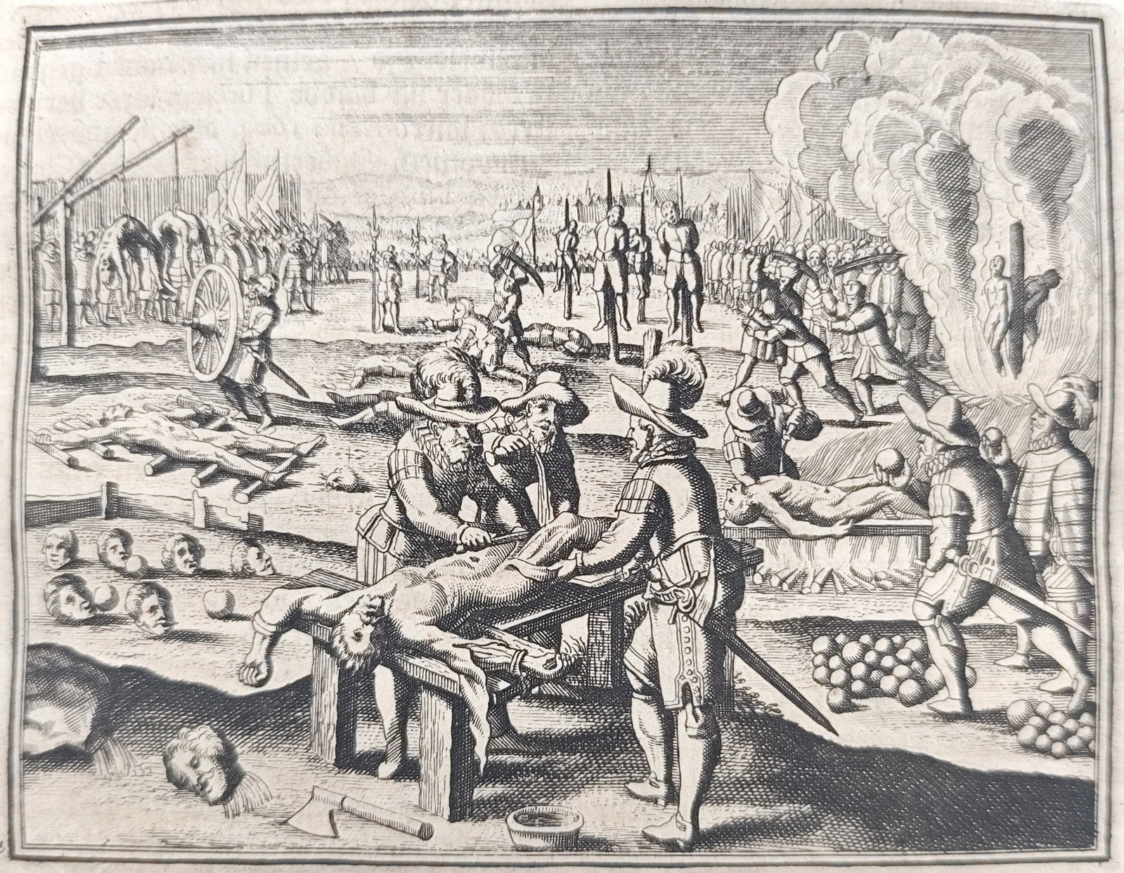 Johann Ludwig Gottfried – Punishment of the Mutineers at Pápa – Military History – Engraving: "Punishment of the Mutineers at Pápa" presents a dramatic historical scene illustrating the severe execution and torture of rebellious garrison troops following the siege of Pápa in 1600, depicting 