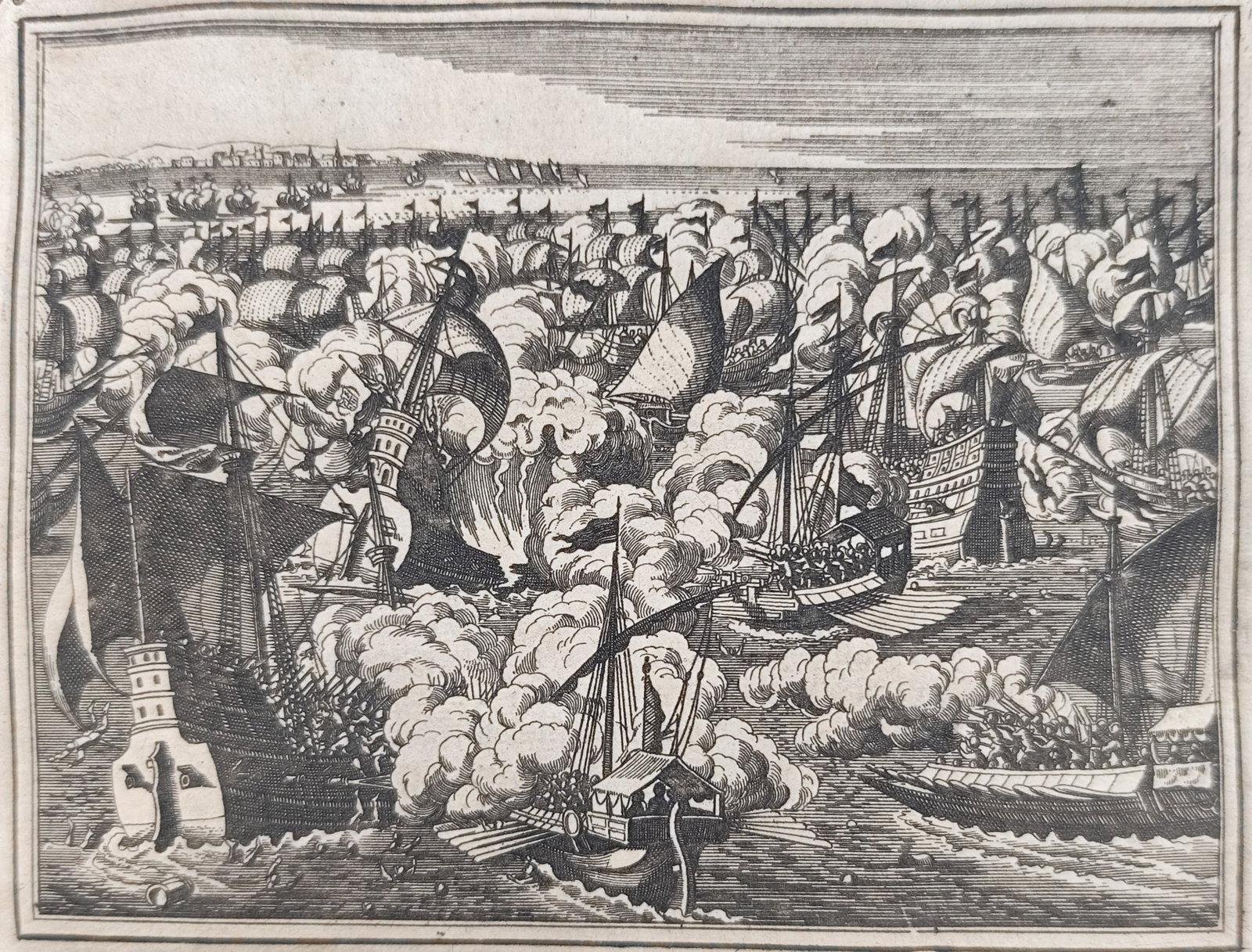 Johann Ludwig Gottfried – The Spanish Armada off Plymouth – Naval History – Engraving: "The Spanish Armada off Plymouth" presents a dramatic historical naval scene illustrating the English fleet engaging galleons of the Spanish Armada amidst dense cannon fire and burning vessels off the