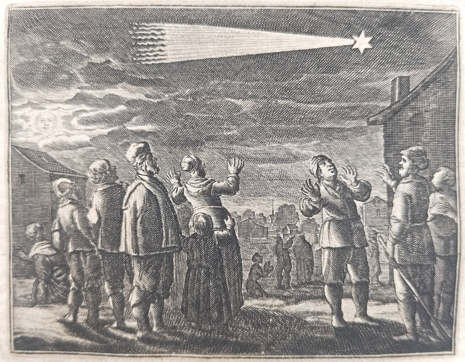 Johann Ludwig Gottfried – The Great Comet of 1618 – Astronomy – Engraving (17th Century): "The Great Comet of 1618" presents a historical celestial event illustrating townspeople gathering outdoors in gesture and wonder to observe a blazing tailed comet streaking across the night sky above
