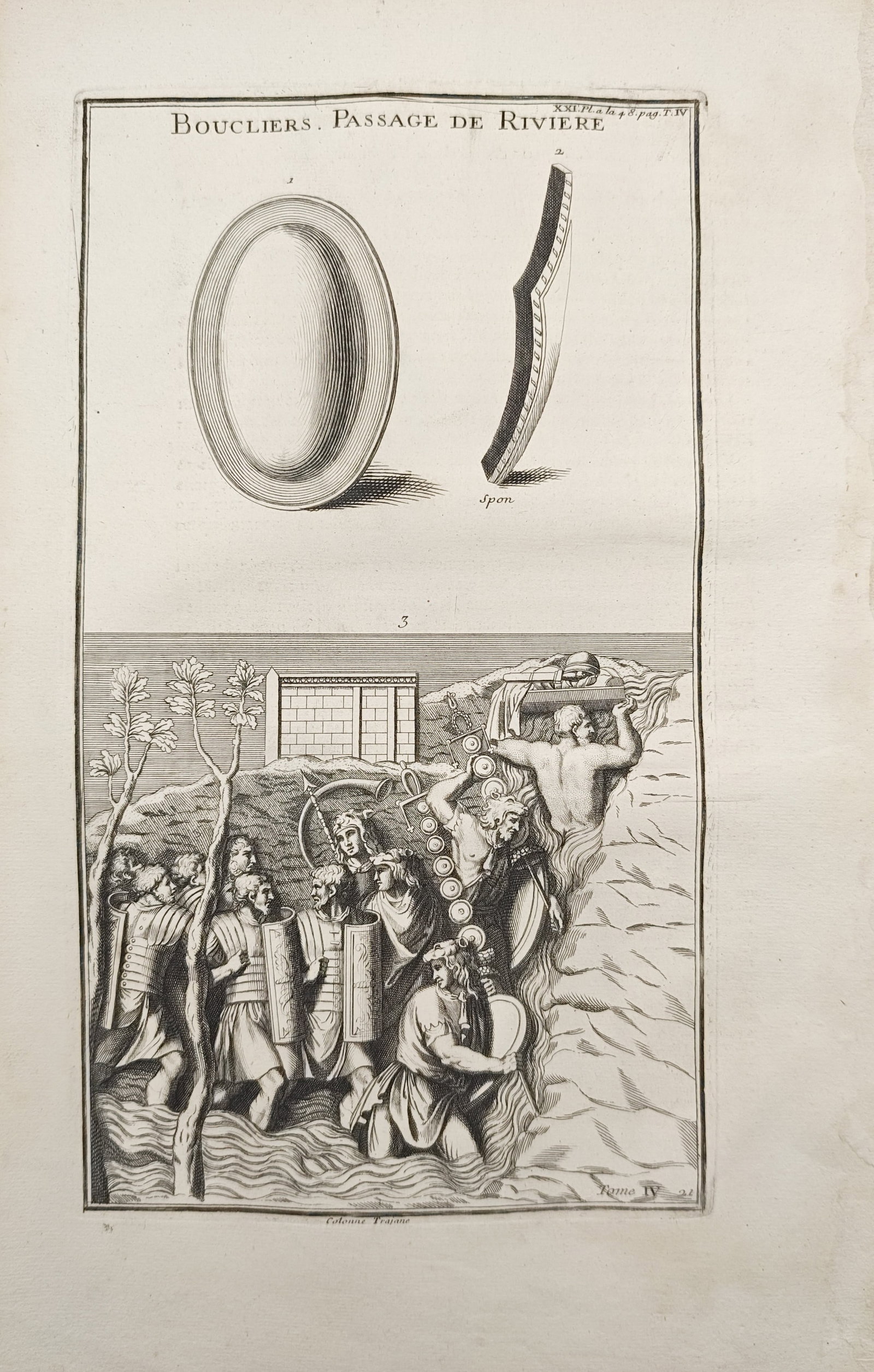 Bernard de Montfaucon – Ancient Shields and Roman River Crossing – Engraving (18th Century) (1 of 2)