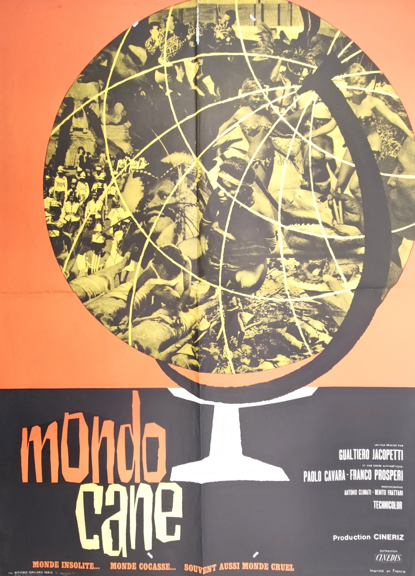 Manfredo Acerbo – Theatrical Poster for Mondo Cane – Lithograph (20th Century): "Mondo Cane" presents a striking promotional composition featuring a celestial globe against a vivid field to advertise the cinematic documentary directed by Gualtiero Jacopetti, Paolo Cavara, and Fra