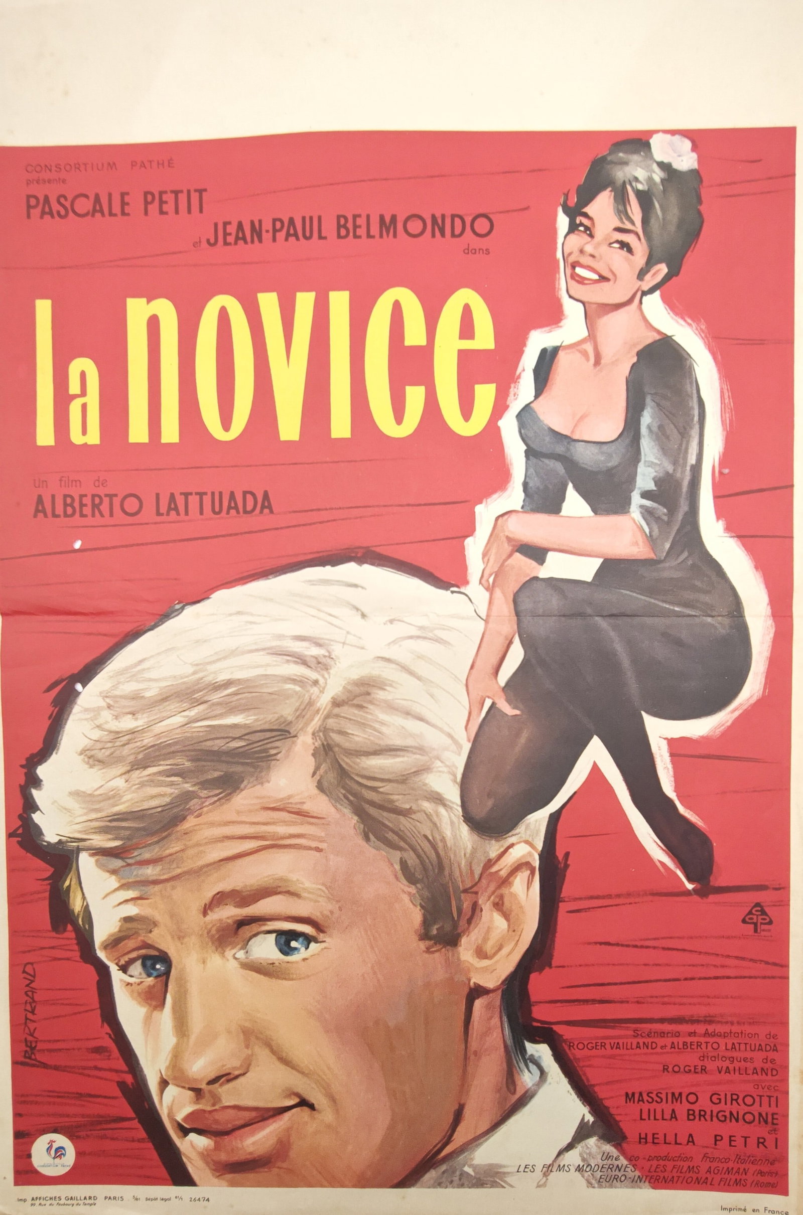 Bertrand – Movie Poster for The Novice – Lithograph (20th Century): "The Novice" presents a cinematic promotional design illustrating the dramatic leads Pascale Petit and Jean-Paul Belmondo against a bold graphic background for Alberto Lattuada's feature film drama. T