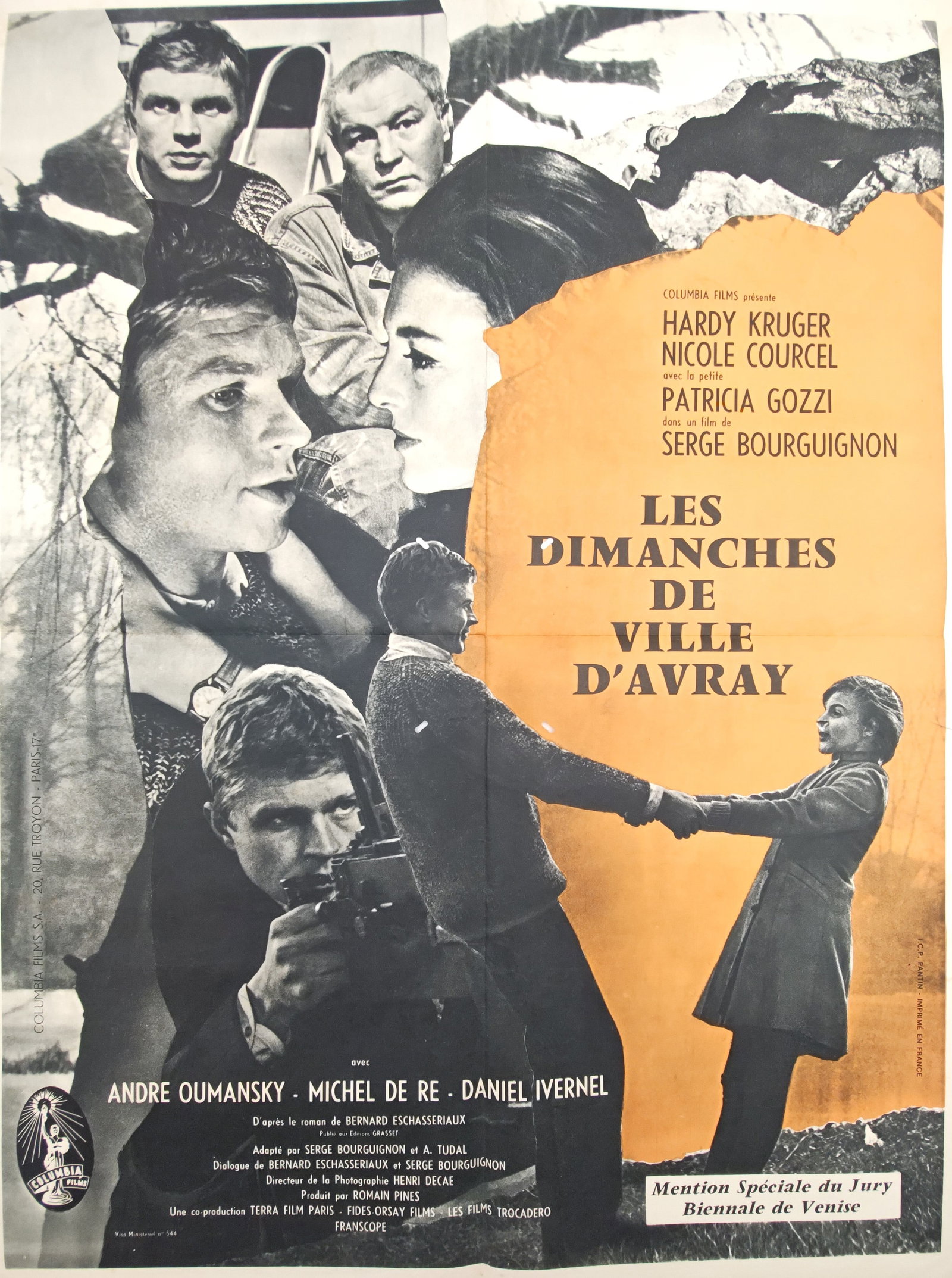 Serge Bourguignon – Theatrical Poster for The Sundays of Ville d'Avray – Lithograph: "Les Dimanches De Ville D'Avray" presents a dramatic cinematic promotional composition featuring a montage of character portraits to advertise the French drama, translated as The Sundays of Ville d'Av