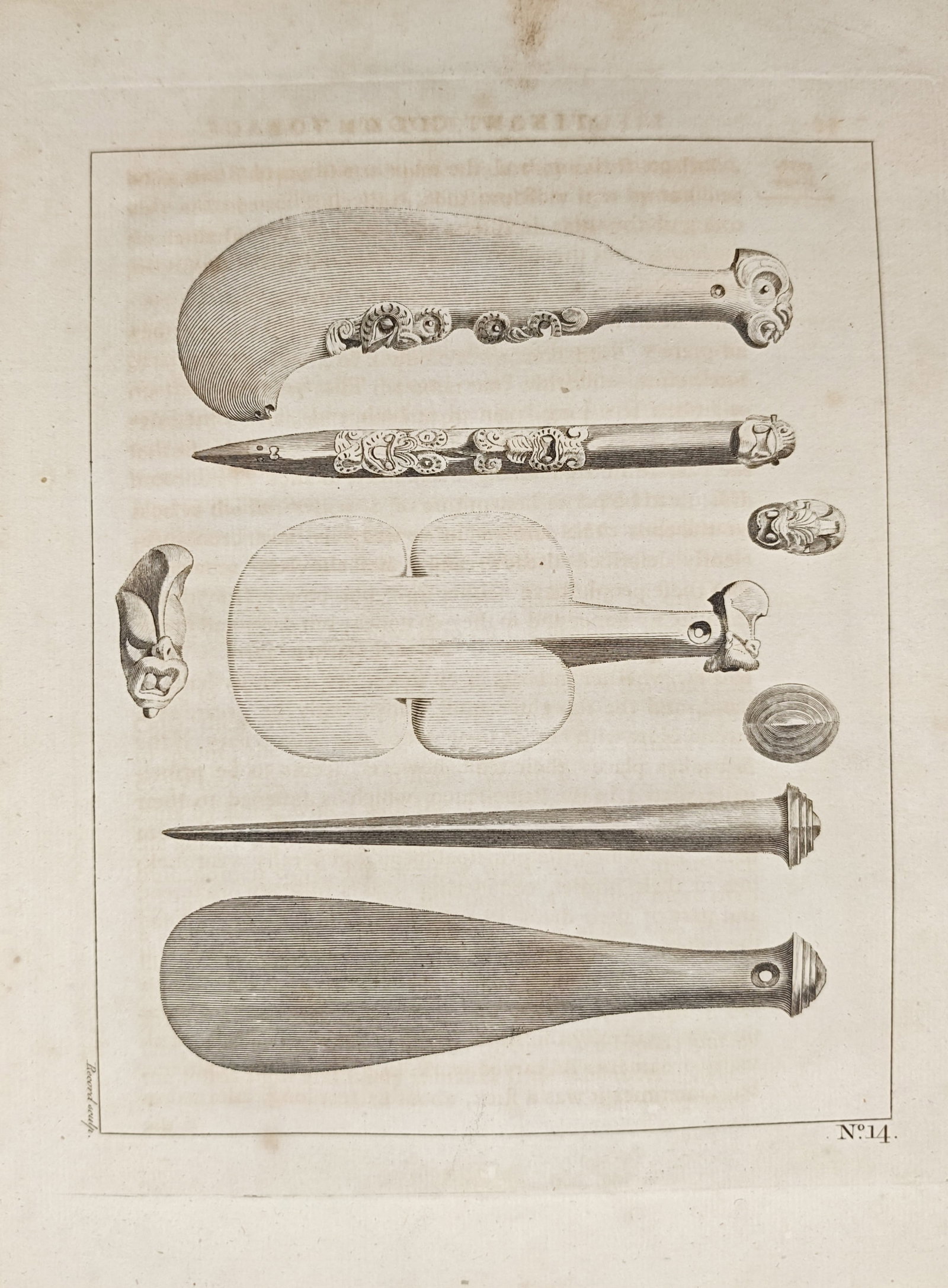 John Hawkesworth – Maori Weapons and Carved Utensils – Engraving (18th Century) (1 of 2)