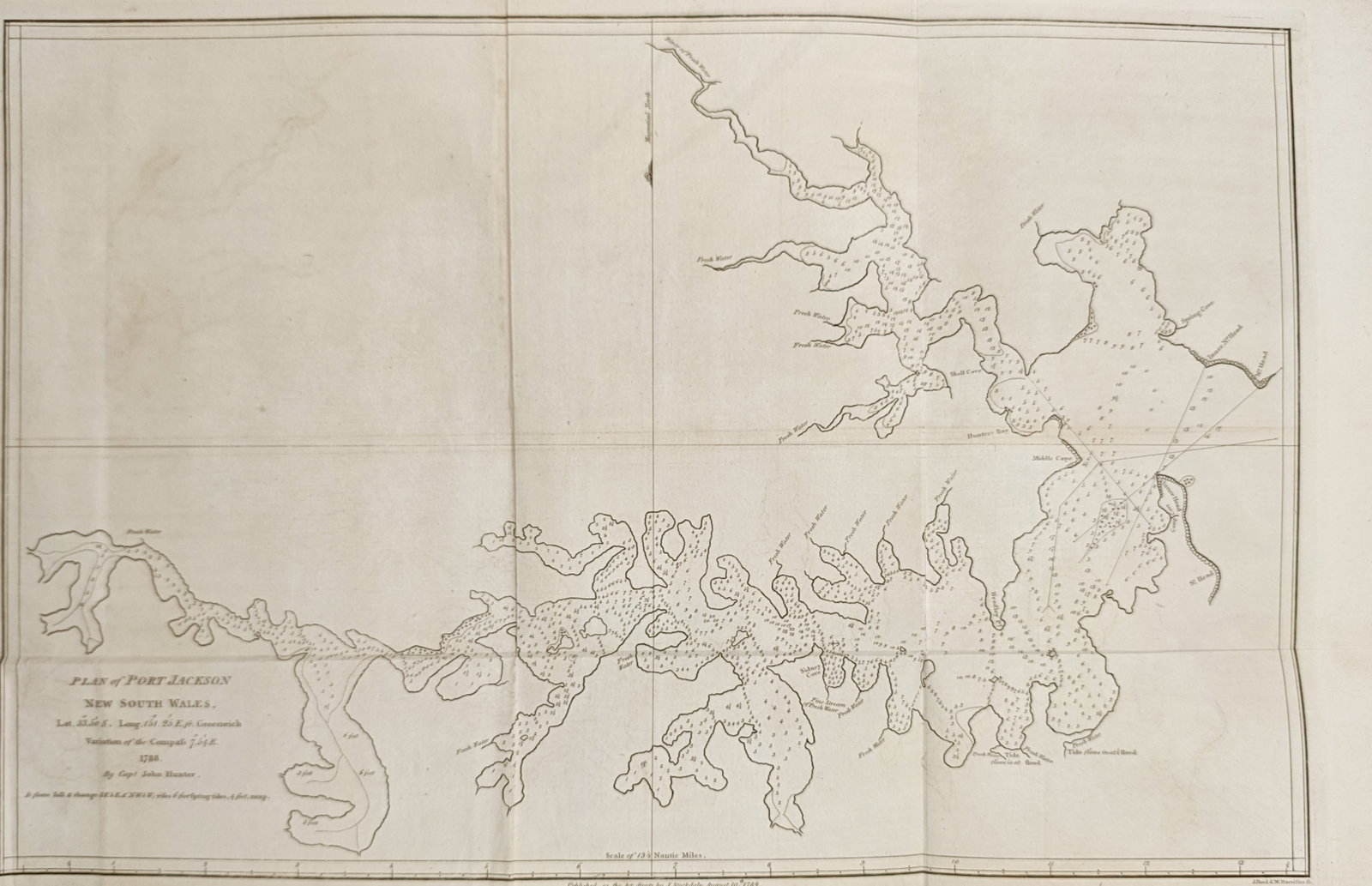 John Hunter – Map of Port Jackson – Australia – Engraving (1789): "Plan of Port Jackson in New South Wales" presents a hydrographic coastal chart illustrating the detailed waterways, inlets, soundings, and anchorages of Sydney Harbour during early British exploratio