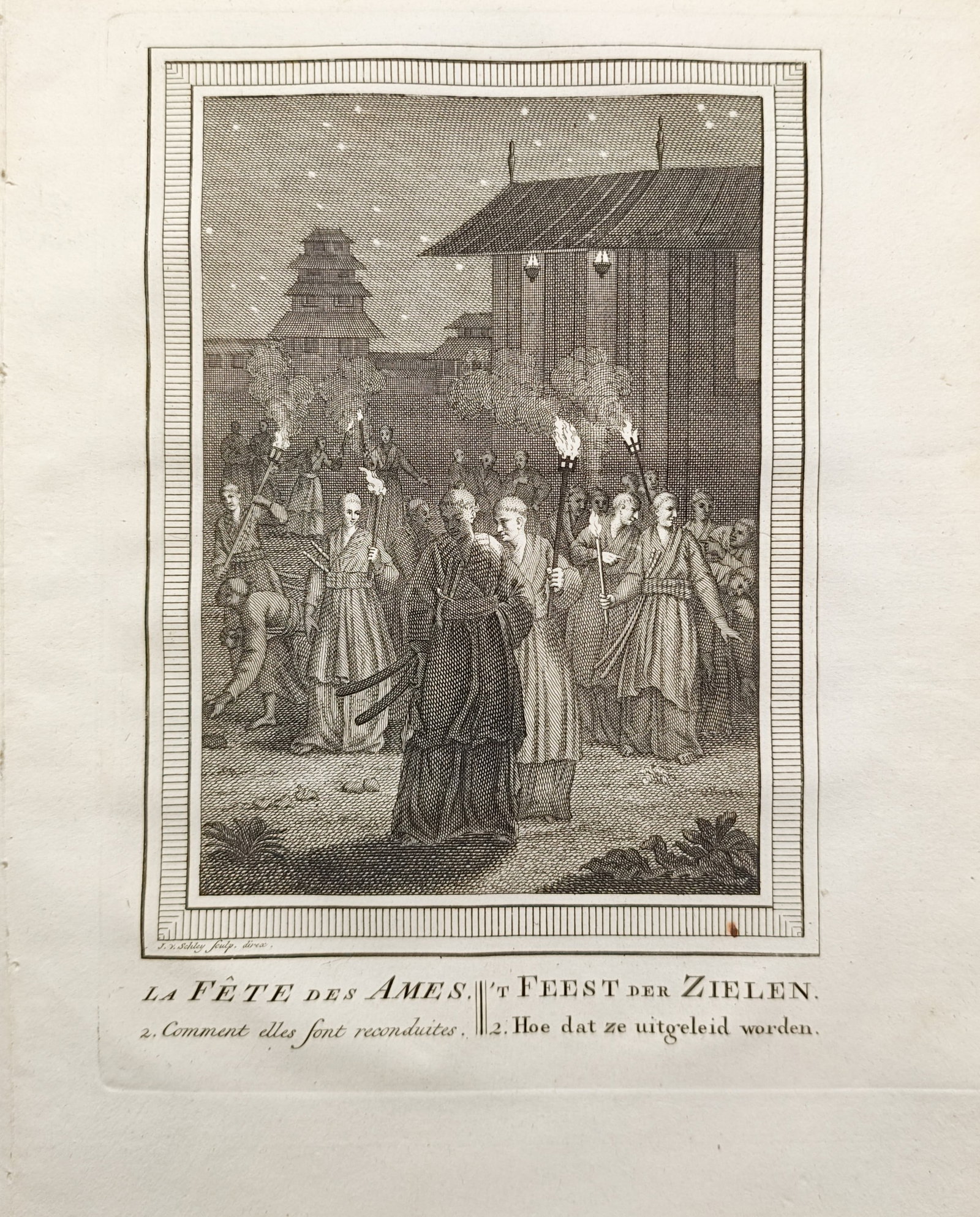 Jacob van der Schley – The Feast of Souls – Engraving (18th Century): "The Feast of Souls: How They Are Escorted Back" depicts a nocturnal commemorative ceremony where robed figures carrying lanterns and torches guide ancestral spirits past traditional architecture unde