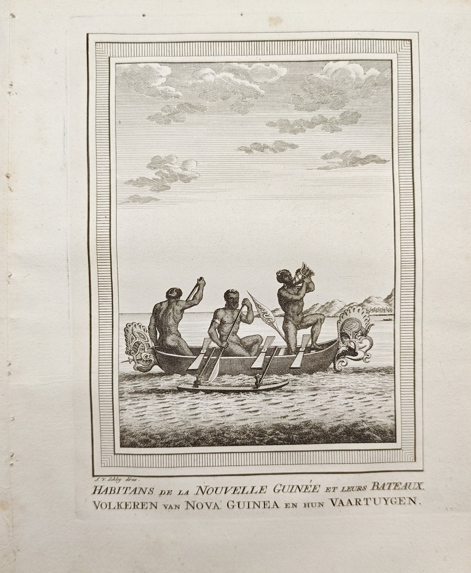 Jacob van der Schley – Inhabitants of New Guinea and Their Boats – Engraving (18th Century) (1 of 2)