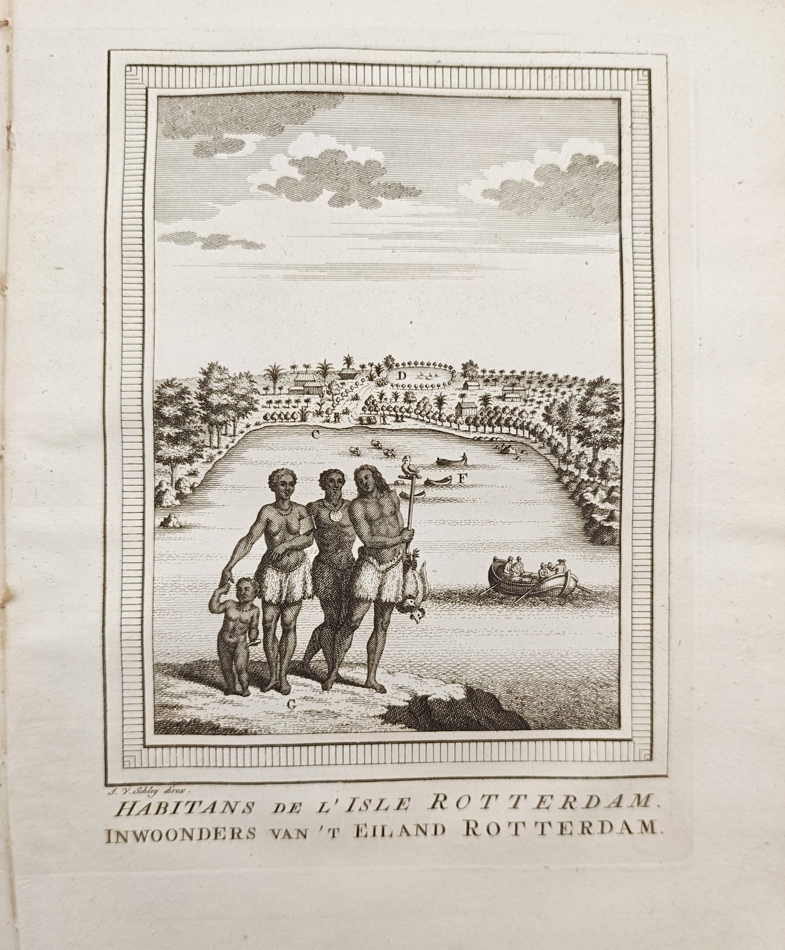 Jacob van der Schley – Inhabitants of the Island of Rotterdam – Engraving (18th Century): "Inhabitants of the Island of Rotterdam" presents an ethnographic study illustrating indigenous Polynesian islanders standing in traditional attire before an expansive coastal bay and village landscap