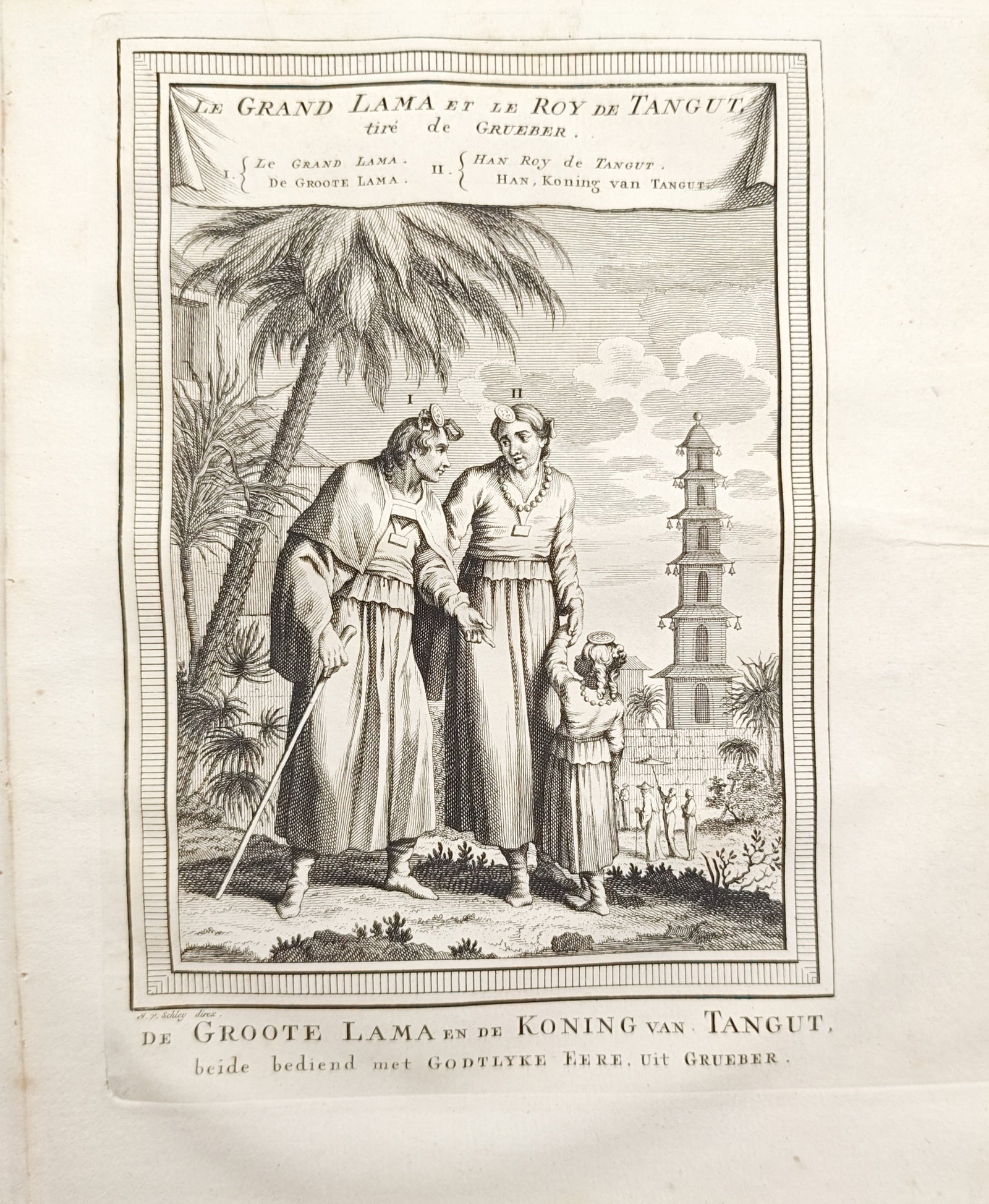 Jacob van der Schley – The Grand Lama and the King of Tangut – Engraving (18th Century): "The Grand Lama and the King of Tangut" presents an ethnographic study depicting the spiritual leader and the ruler of Tangut in traditional flowing robes against a landscape featuring palm trees and 