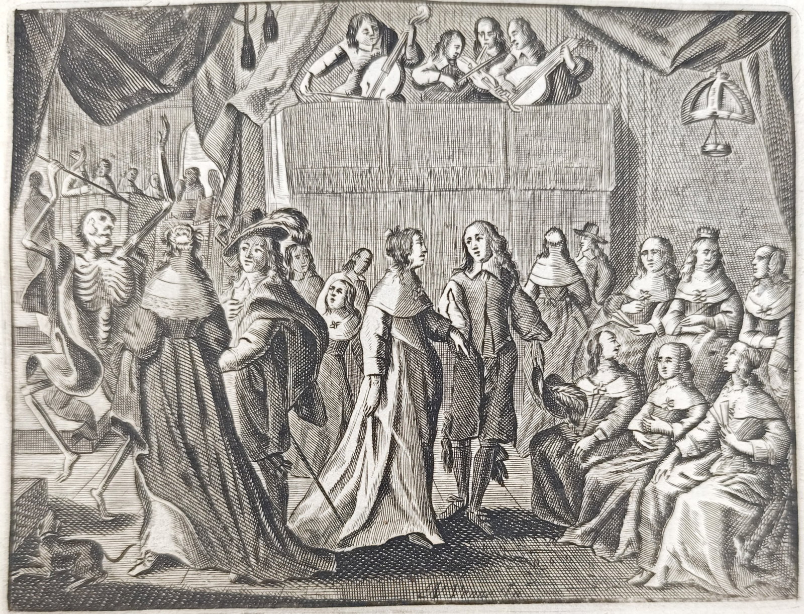 Jacob Cats – Death at the Wedding Feast – Engraving (17th Century): "Death at the Wedding Feast" presents an allegorical emblem illustrating the sudden intrusion of mortality into human celebration as skeletal figures disrupt an elegant banquet gathering accompanied b