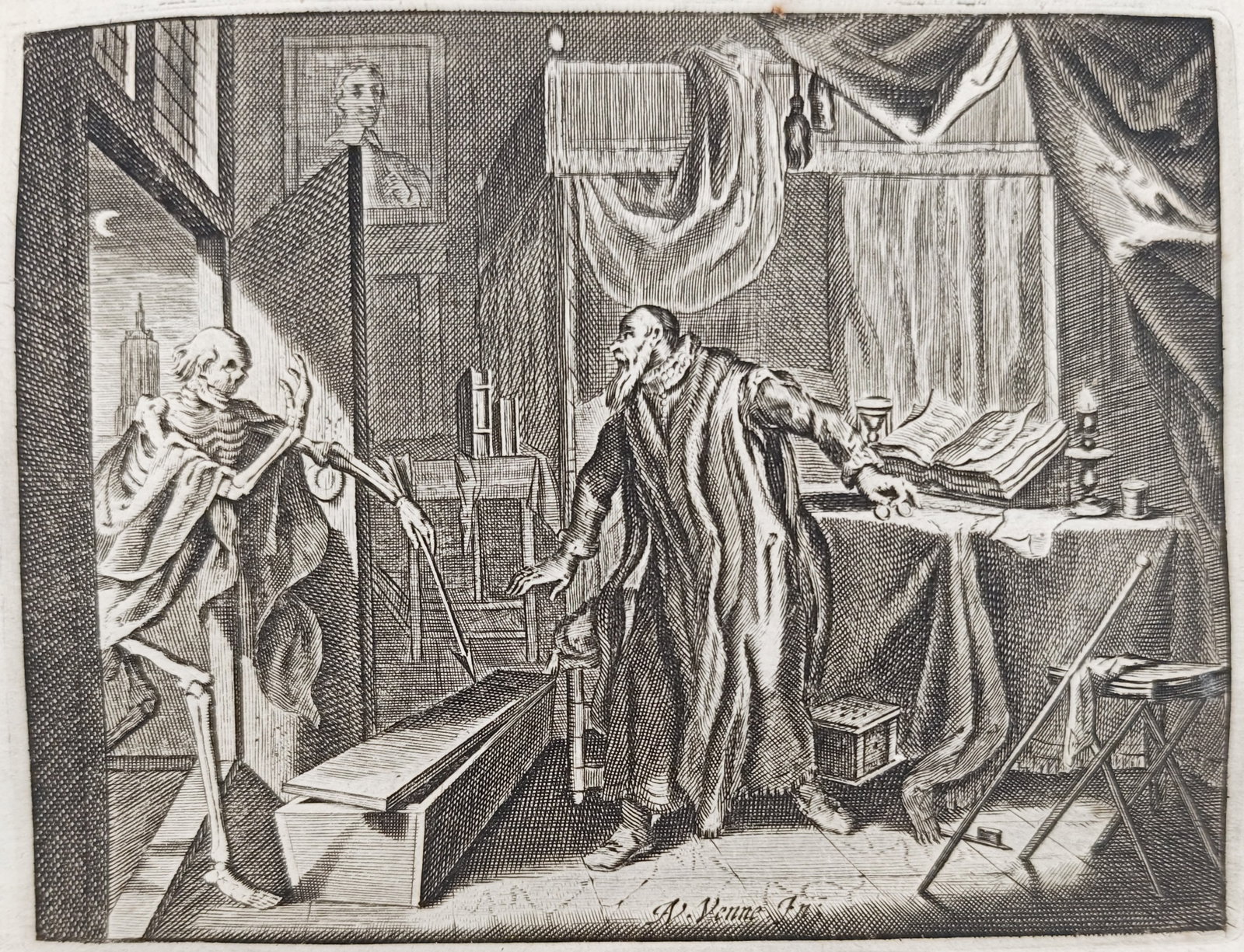 Jacob Cats – Between Death and an Old Man – Engraving (17th Century): "Between Death and an Old Man, but Which Can Also Serve the Young" presents an allegorical emblem depicting the personification of Death carrying a dart and coffin confronting an elderly scholar in hi