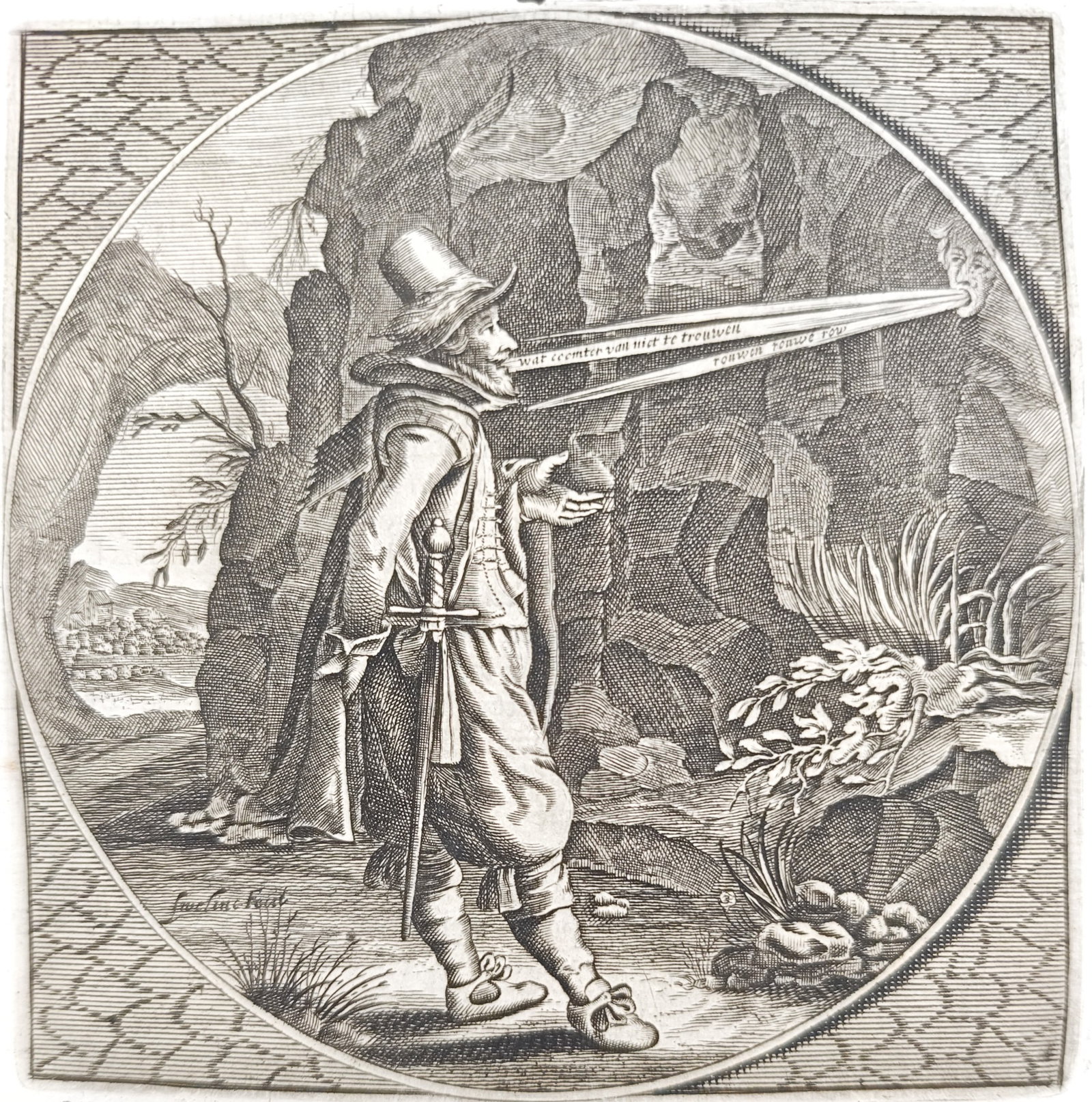 Jacob Cats – Not Without Asking – Engraving (17th Century): "Not Without Asking" presents an allegorical emblem depicting an elegantly attired gentleman consulting an echo within a rocky landscape on matters of love and matrimony. Created for an illustrated di