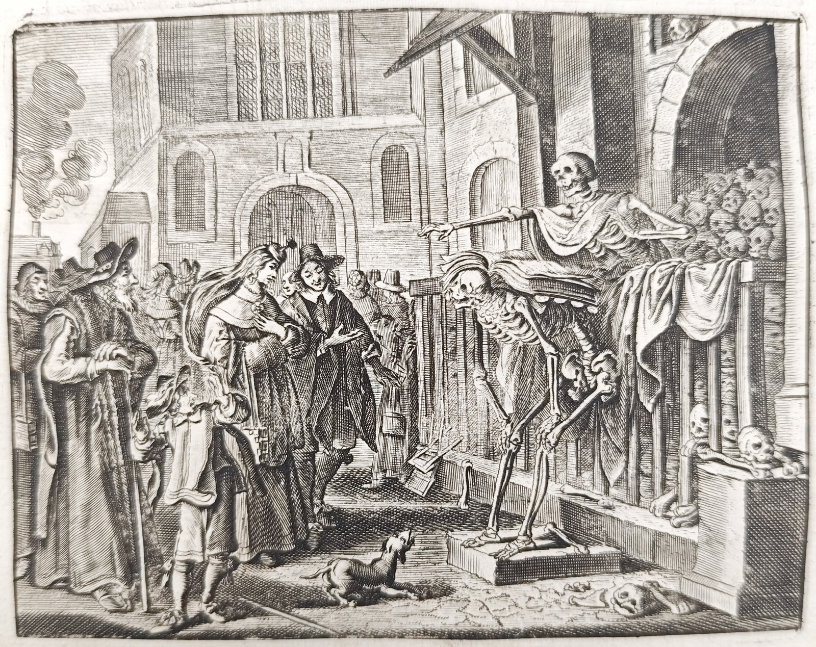 Jacob Cats – Death Lecturing from the Charnel House – Engraving (17th Century): "Death and the Old Man" presents an allegorical emblem depicting skeletal personifications of Death preaching from an elevated ossuary piled with human skulls and bones before an assembled crowd of ci