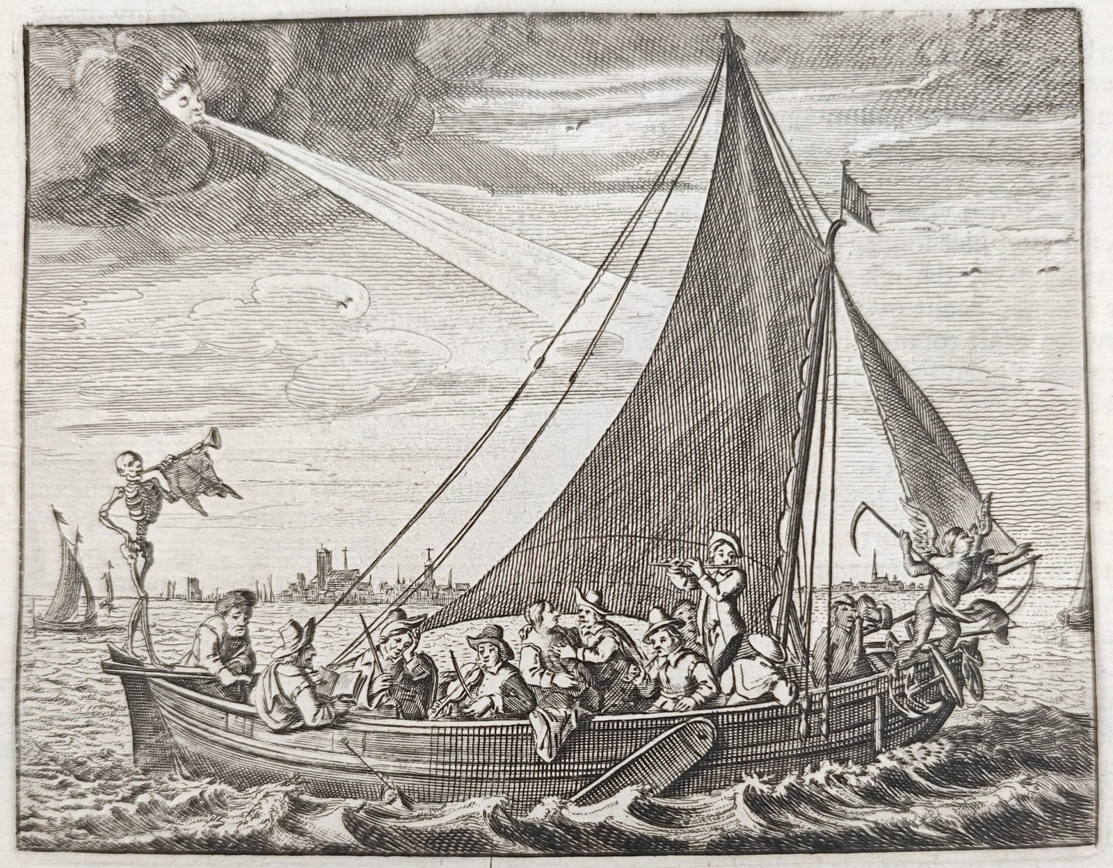 Jacob Cats – Allegorical Ship of Life with Death – Engraving (17th Century): "Dialogue Between Death and an Old Man" presents an allegorical emblem depicting mortal passengers journeying aboard a sailing boat guided by personifications of Death and Time beneath a wind-blown sk