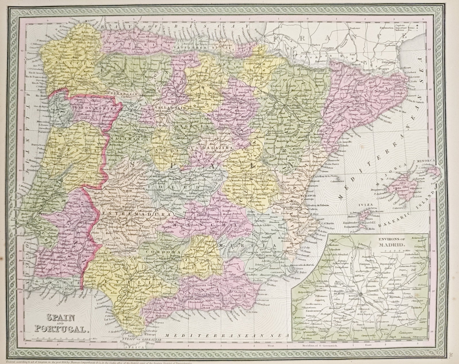 Thomas Cowperthwait – Map of Spain and Portugal – Europe – Engraving (1850): "Spain and Portugal" presents a detailed cartographic survey of the Iberian Peninsula, delineating regional provinces, cities, mountain ranges, coastal waters, and the Balearic Islands alongside an in