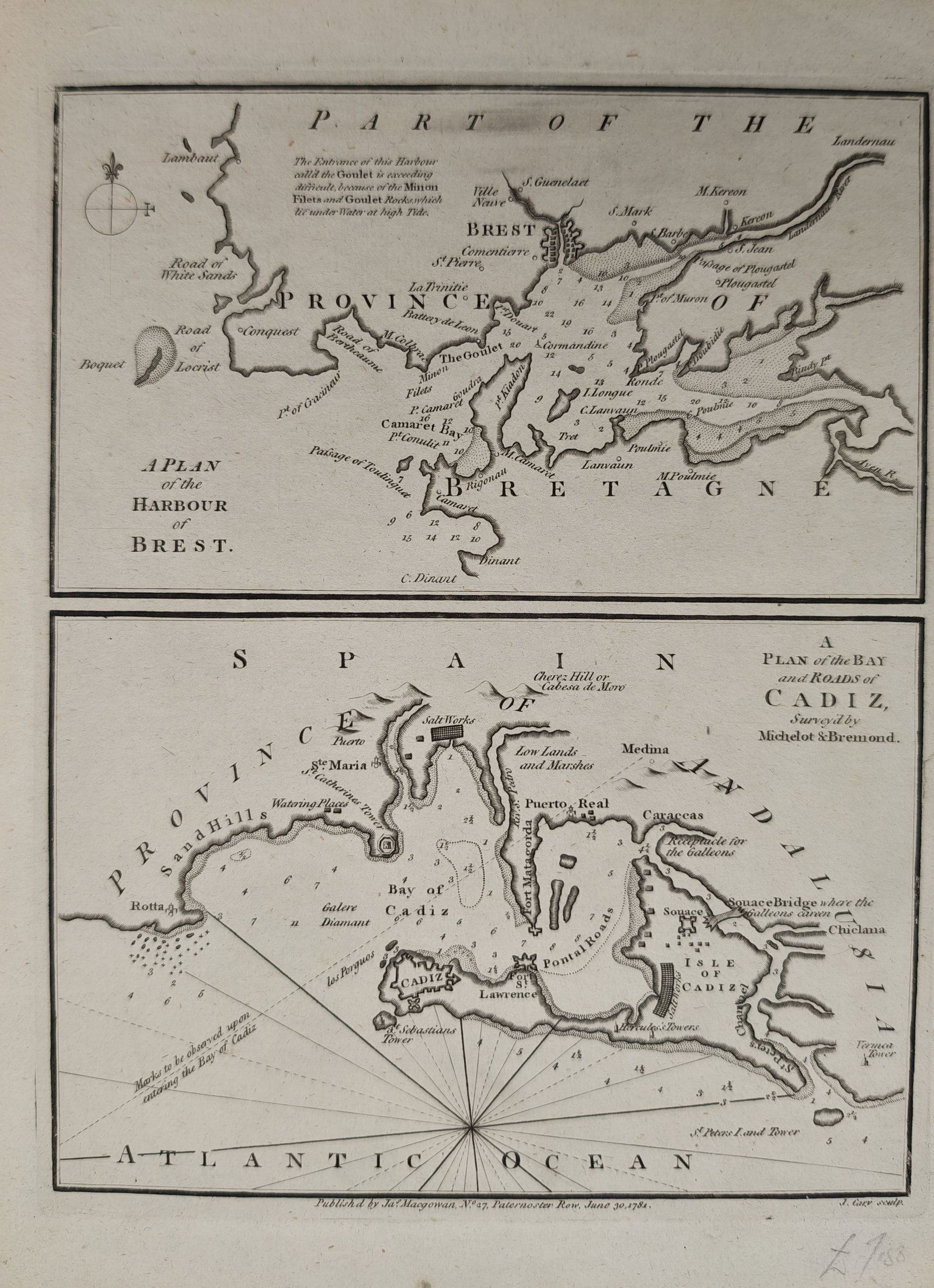 John Macgowan – Map of the Harbour of Brest and the Bay of Cadiz – Europe – Engraving (1781): "A Plan of the Harbour of Brest and A Plan of the Bay and Roads of Cadiz" presents a comparative maritime chart delineating the strategic coastlines, anchorages, navigational channels, and fortified c