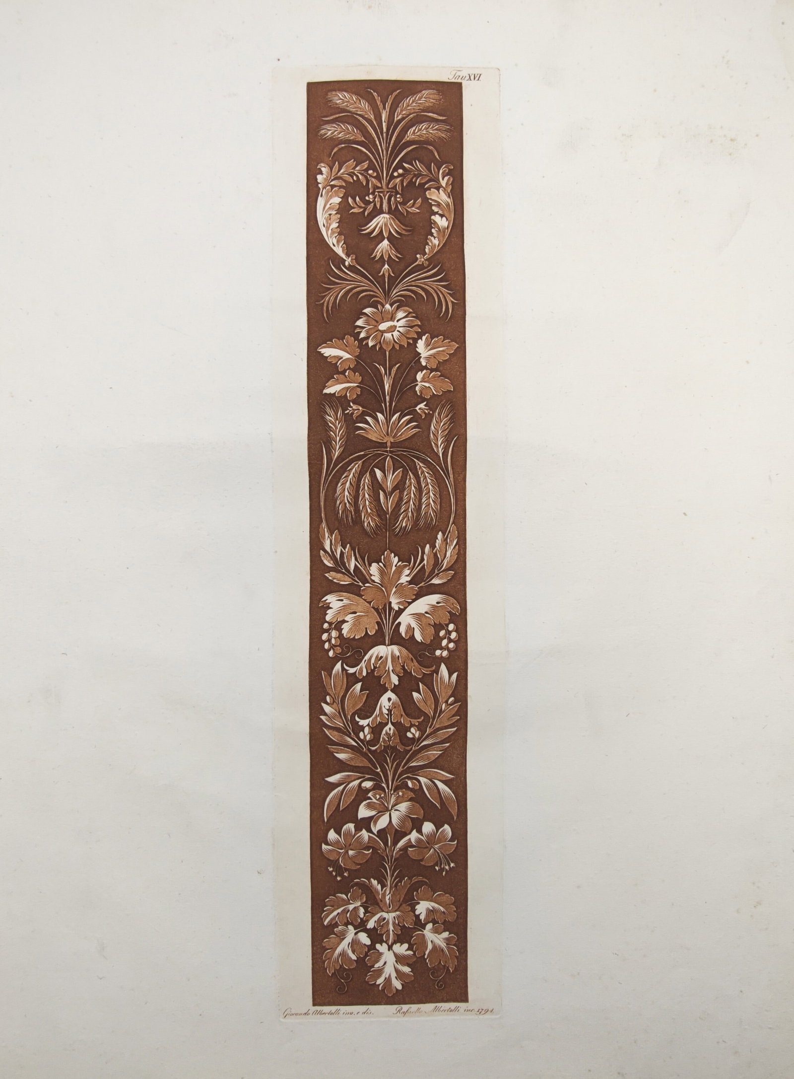 Giocondo Albertoli – Neoclassical Vertical Arabesque Ornament – Engraving (1792): "Neoclassical Vertical Arabesque Ornament" presents a refined ornamental design illustrating a tall, symmetrical frieze composed of stylized wheat sheaves, botanical blossoms, and flowing acanthus scr
