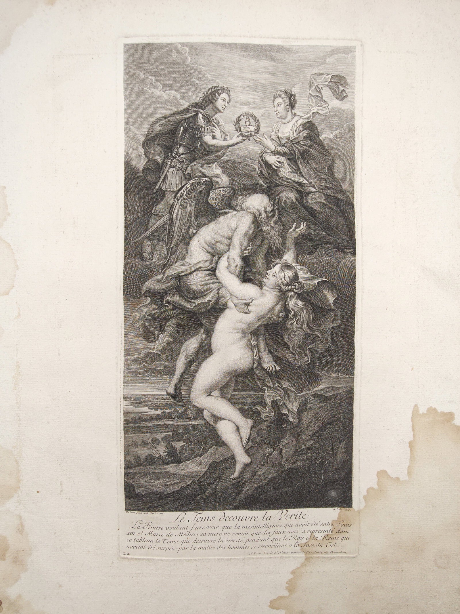 Jean-Baptiste Nattier – Time Unveils Truth – Engraving (18th Century): "Time Unveils Truth" presents an allegorical Baroque narrative illustrating the winged figure of Time lifting Truth towards the heavens beneath the reconciled royal figures of Louis XIII and Marie de'