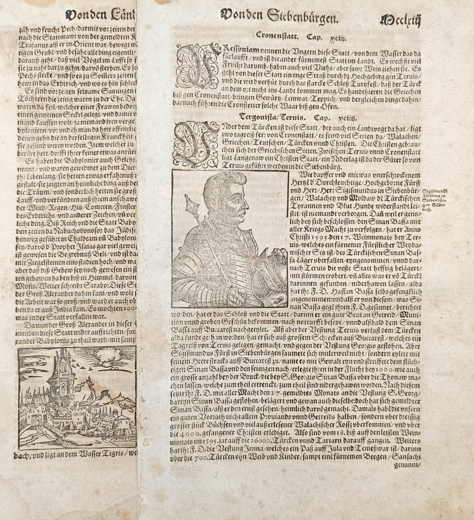 Sebastian Münster – Set of 2: Chronicles of Transylvania and Ancient Lands – Woodcuts: "Of the Lands and Transylvania" presents historical chronicles and topographical accounts describing regional realms, fortifications, and military conflicts across Eastern Europe and ancient territori