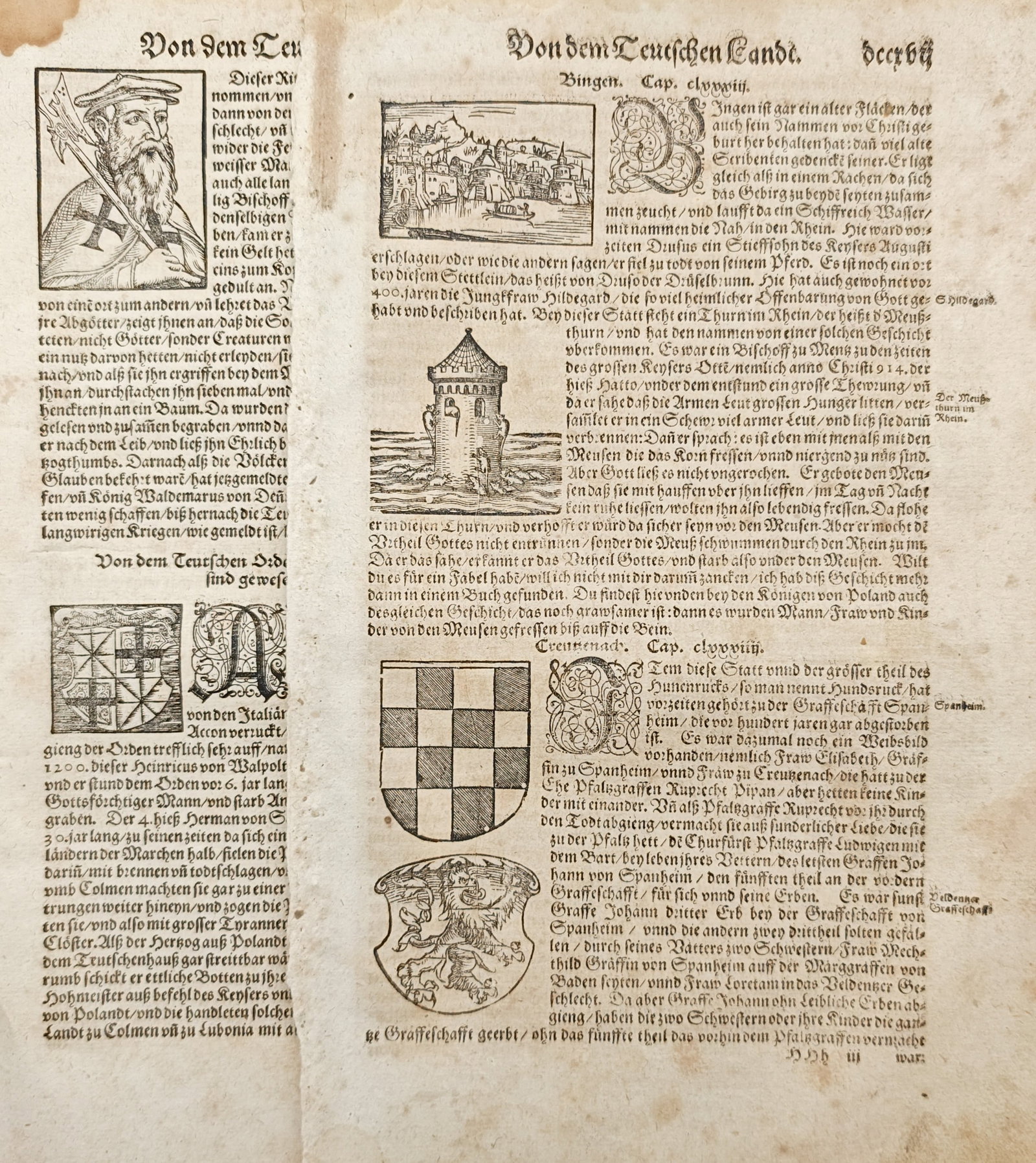 Sebastian Münster – Set of 2: German Territories and the City of Bingen – Woodcuts (16th: "Of the German Lands" presents historical chronicles and topographical descriptions of German municipalities, highlighting the city of Bingen and local architectural landmarks alongside regional coats