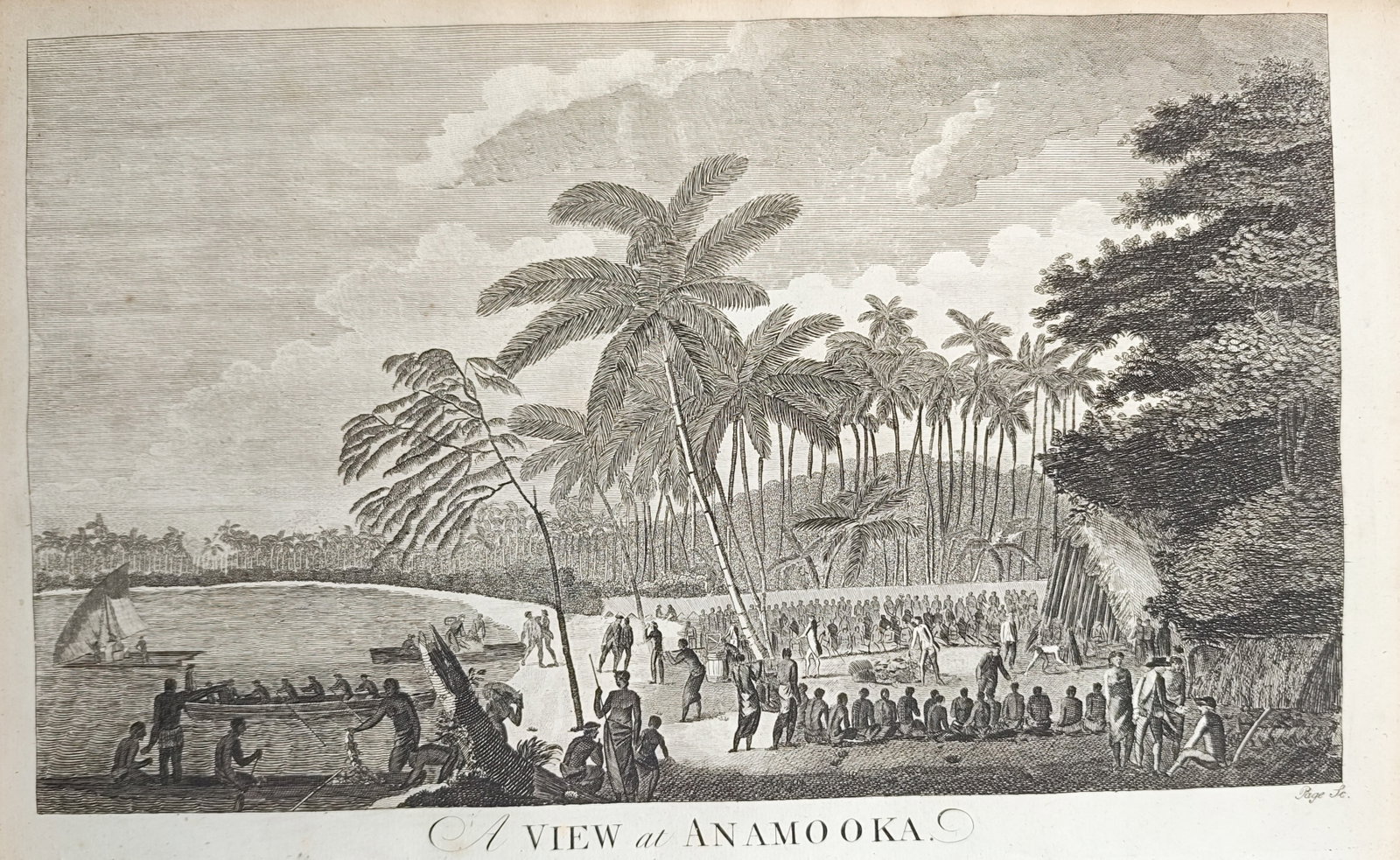 Alexander Hogg – A View at Anamooka – Engraving (1784–1786): "A View at Anamooka" presents an ethnographic coastal landscape depicting an encounter between European explorers and indigenous inhabitants along the palm-fringed shoreline of the island of Anamooka 