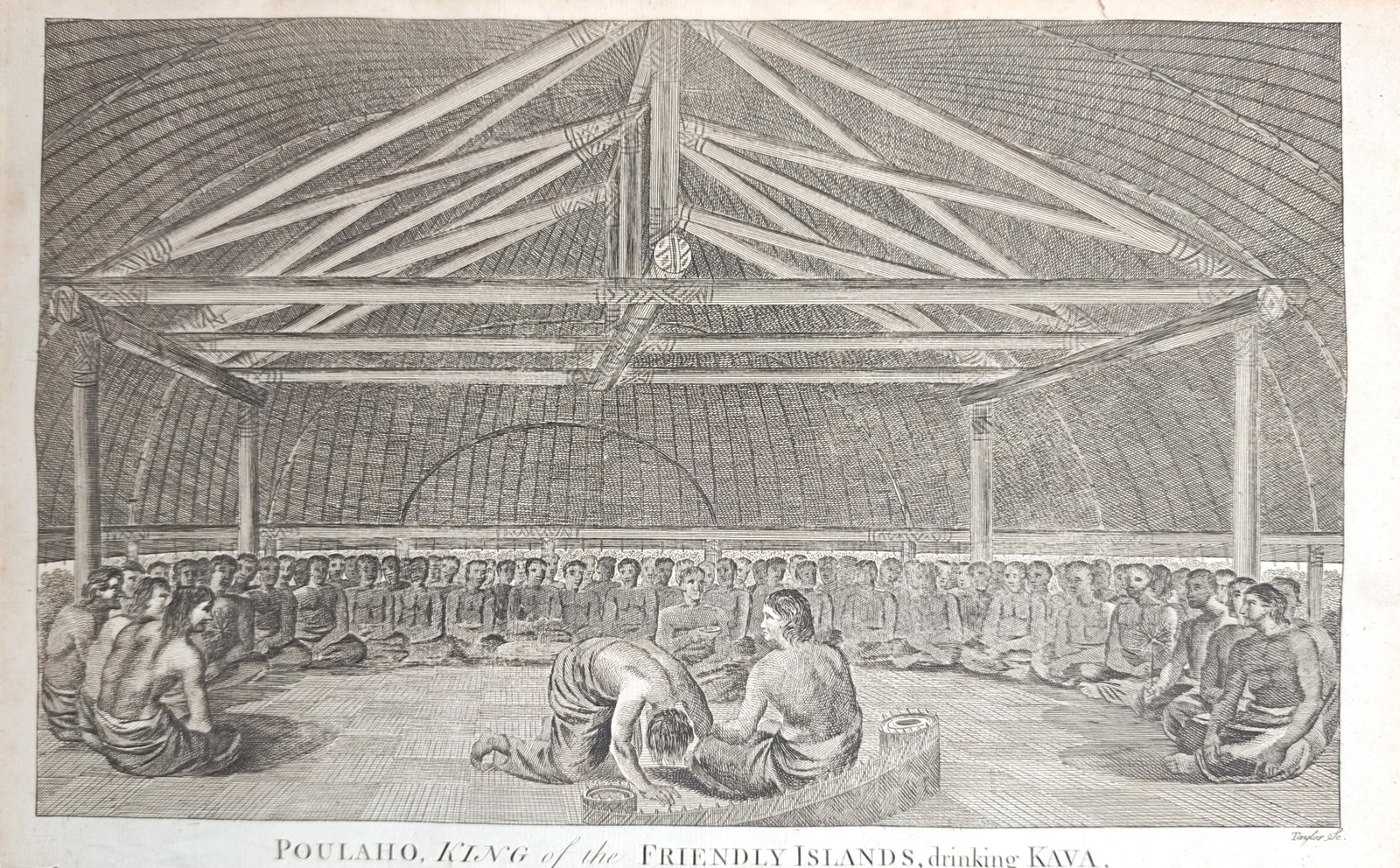 Alexander Hogg – Poulaho, King of the Friendly Islands, Drinking Kava – Engraving (1784–1786): "Poulaho, King of the Friendly Islands, Drinking Kava" presents an ethnographic interior study depicting a formal ceremonial gathering within an expansive thatched timber pavilion in Tonga. Published 