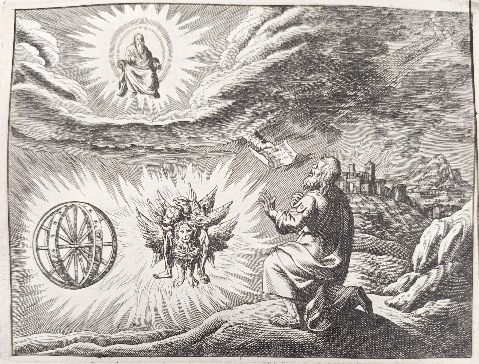 Nicolas Fontaine – Ezekiel the Prophet – Engraving (1670): "Ezekiel the Prophet" presents a seventeenth-century biblical composition illustrating prophetic revelation alongside classical French scriptural commentary. Published in 1670, the scene depicts the k