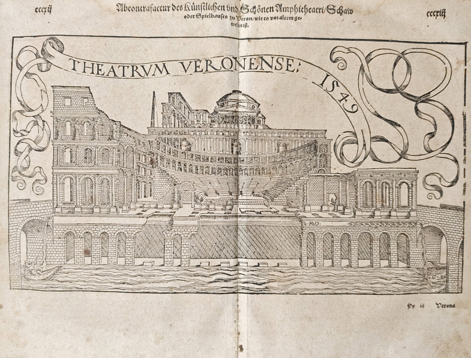 Sebastian Münster – Theater of Verona – Woodcut (1550): "Theater of Verona" presents a Renaissance architectural study illustrating the ancient Roman amphitheatre depicted as an imposing classical structure rising above an arched stone foundation and water