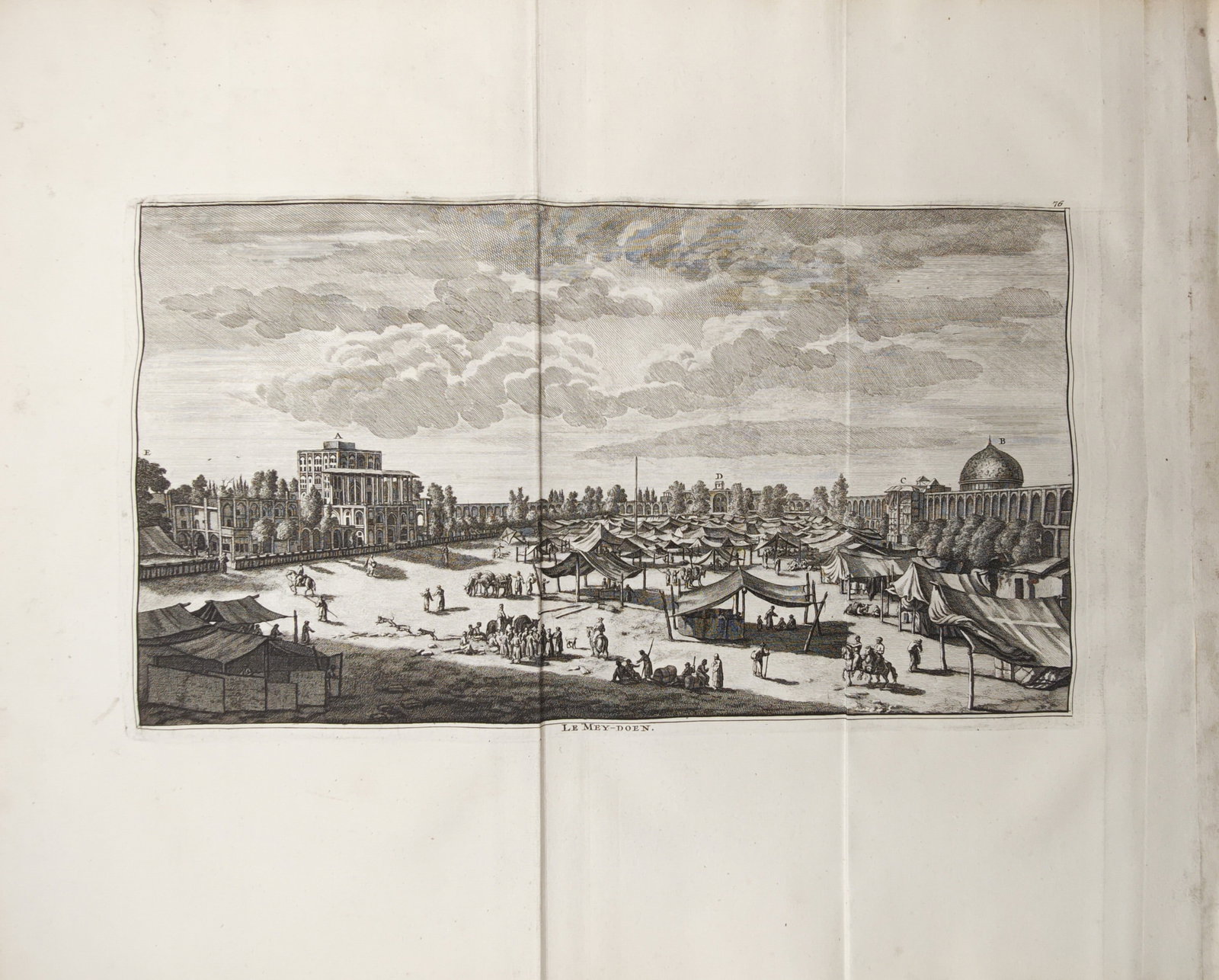 Cornelis de Bruyn – The Meydan of Isfahan – Engraving (1718): "The Mey-Doun" presents an eighteenth-century topographical prospect illustrating the bustling central public square of Isfahan filled with market tents, assembled crowds, horseback riders, and monume