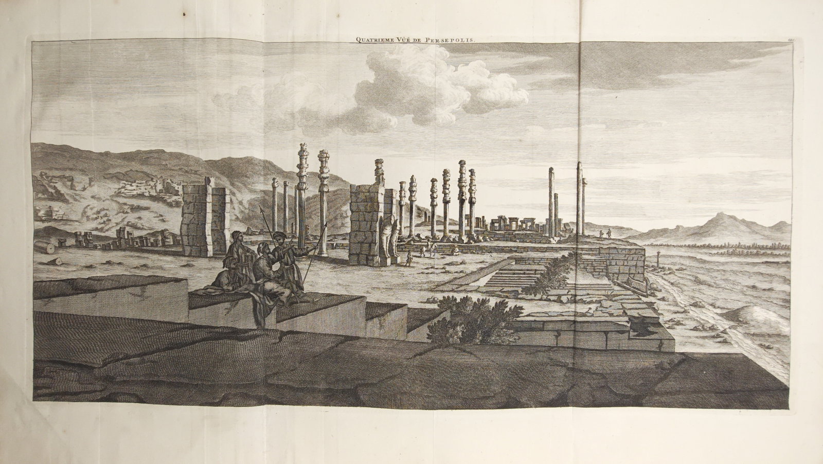 Cornelis de Bruyn – Fourth View of Persepolis – Engraving (1718): "Fourth View of Persepolis" presents an eighteenth-century panoramic topographical study illustrating the monumental ruins, standing fluted columns, and stone terraces of the ancient Persian capital s