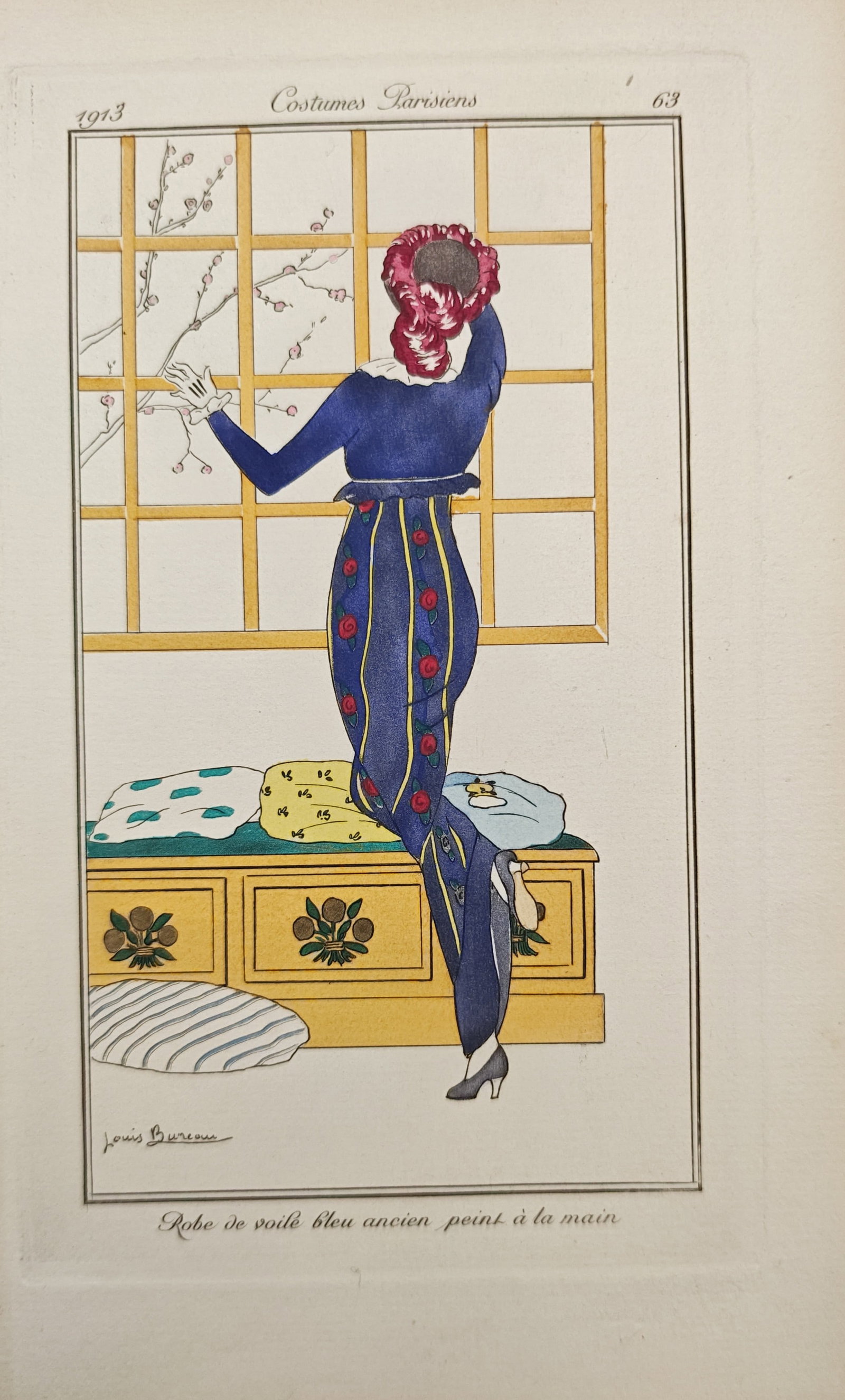 Louis Bureau – Parisian Costumes – Antique Blue Voile Dress – Pochoir (1913): "Costumes Parisiens – Robe De Voile Bleu Ancien Peint À La Main" presents an early twentieth-century high-fashion illustration depicting an elegant woman in an embroidered evening gown looking out 